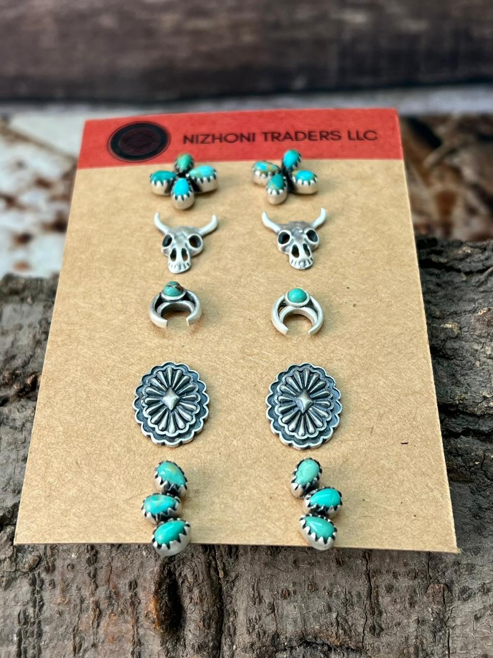 Handmade Sterling Silver Kingman Turquoise Post Studs Earrings Set