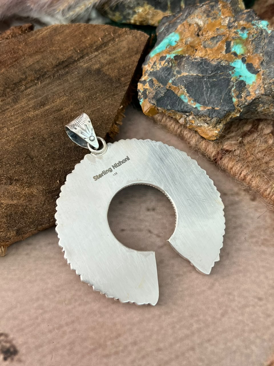 Handmade Sterling Silver Kingman Turquoise with White Buffalo Naja Pendant Signed Nizhoni (7)