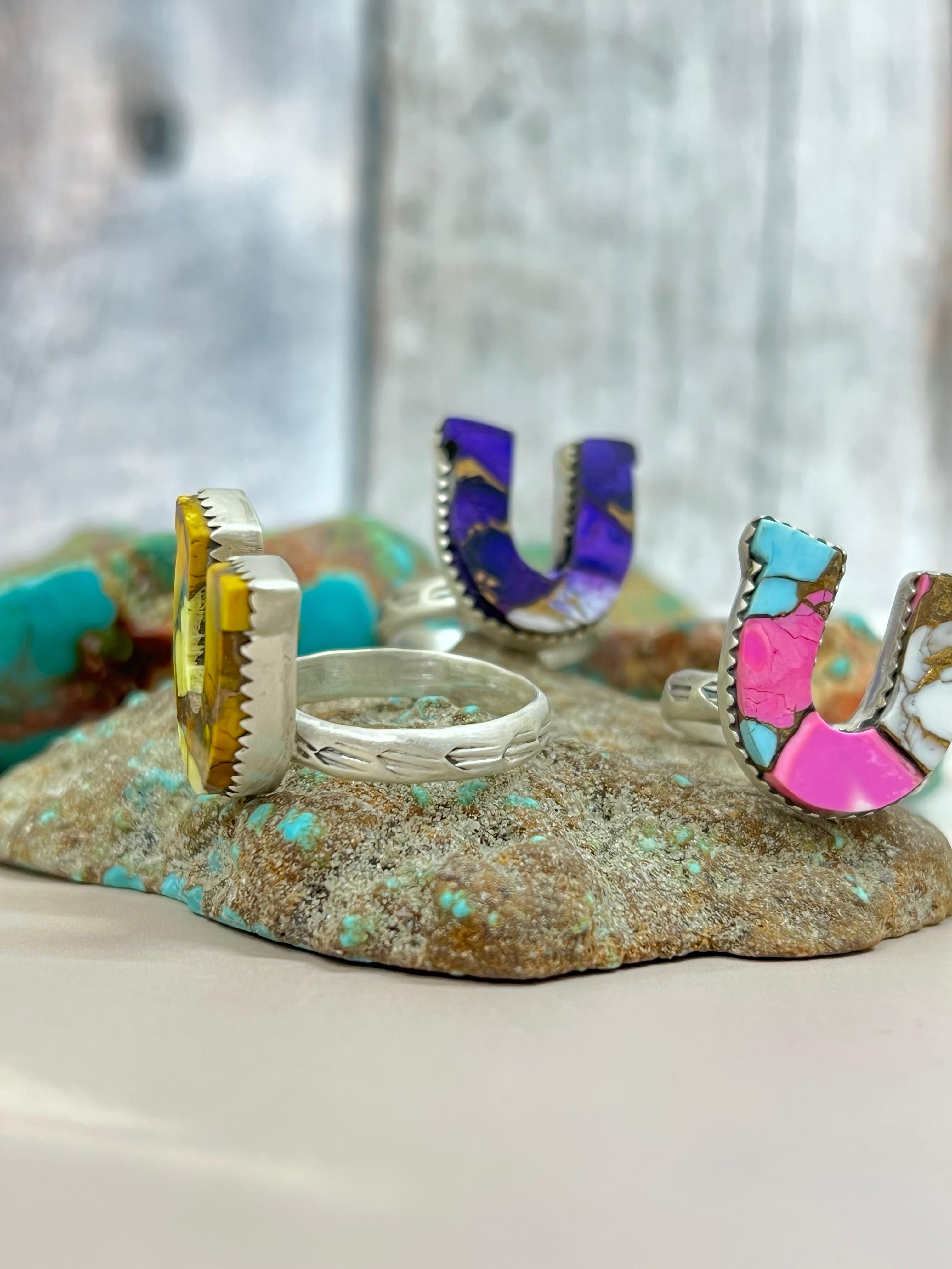 Handmade Horseshoe Sterling Silver Multistone Turquoise Adjustable Ring Signed Nizhoni