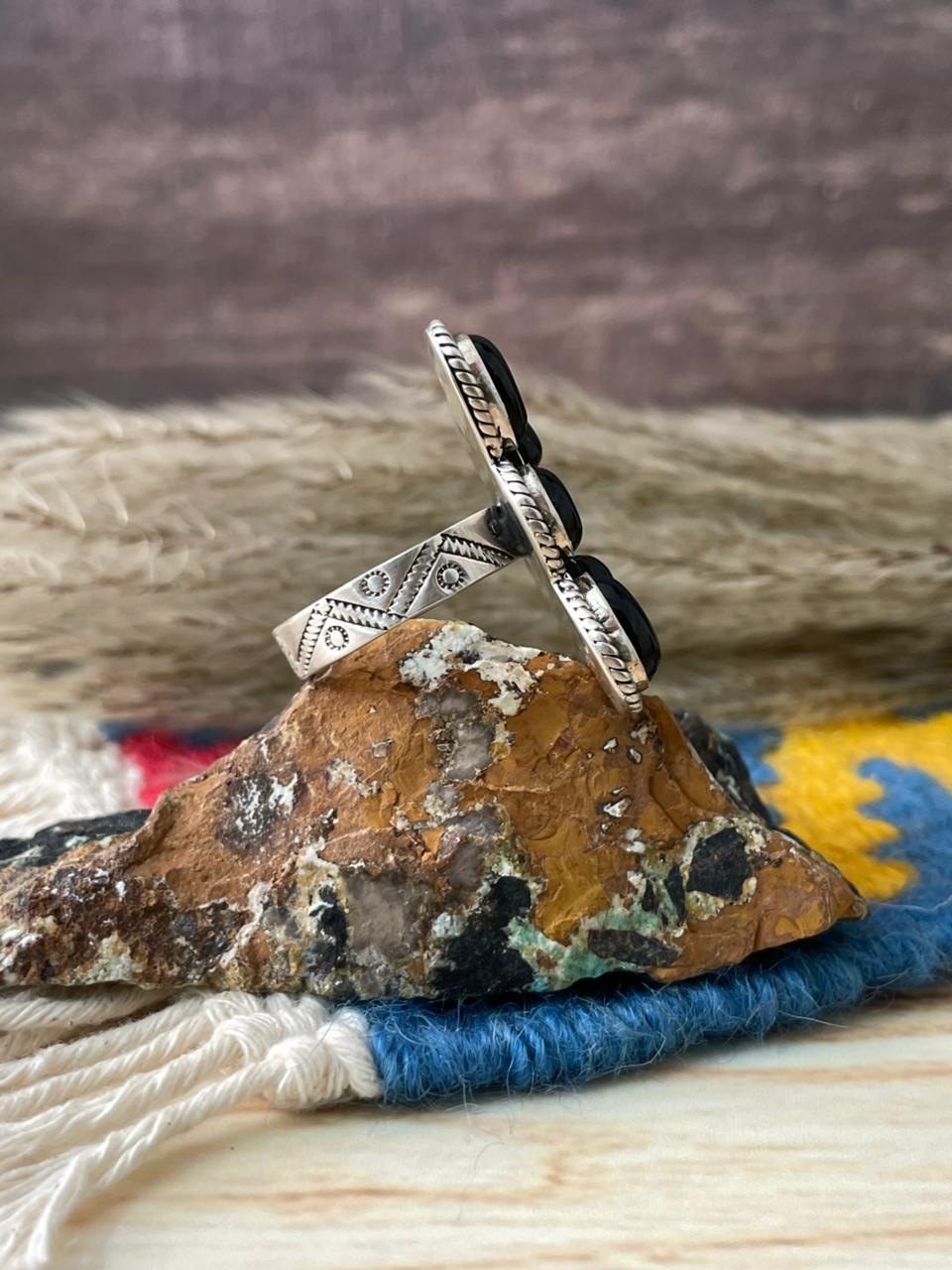 Handmade Sterling Silver Black Onyx Adjustable Ring "Signed Nizhoni"