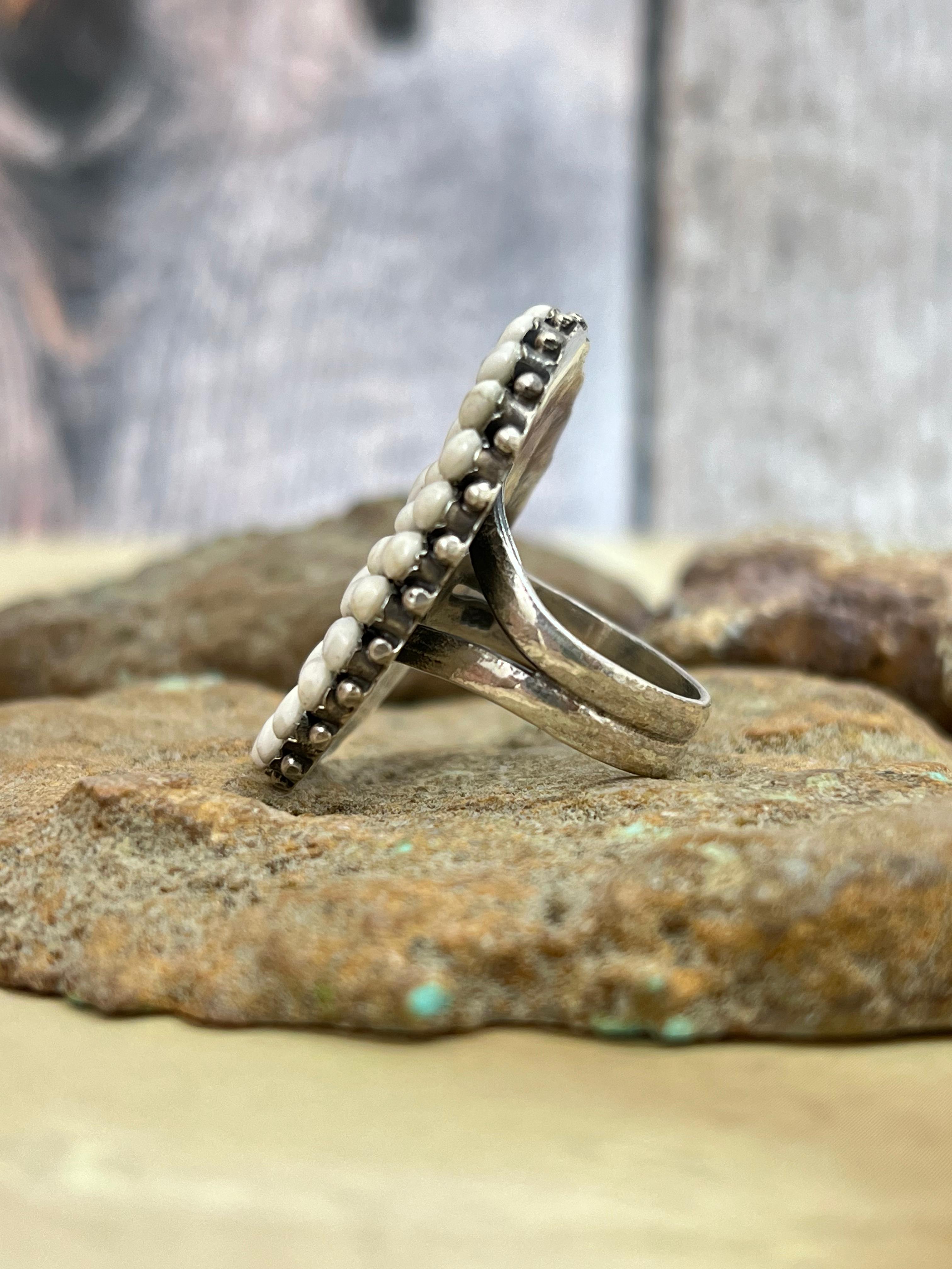 Handmade Sterling Silver White Buffalo Turquoise Adjustable Ring with Signed Nizhoni (1)
