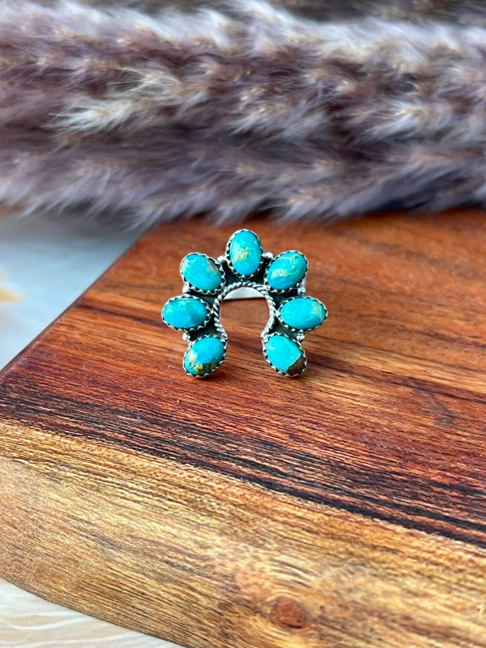 Handmade Sterling Silver Kingman Turquoise Naja Adjustable Ring Signed Nizhoni