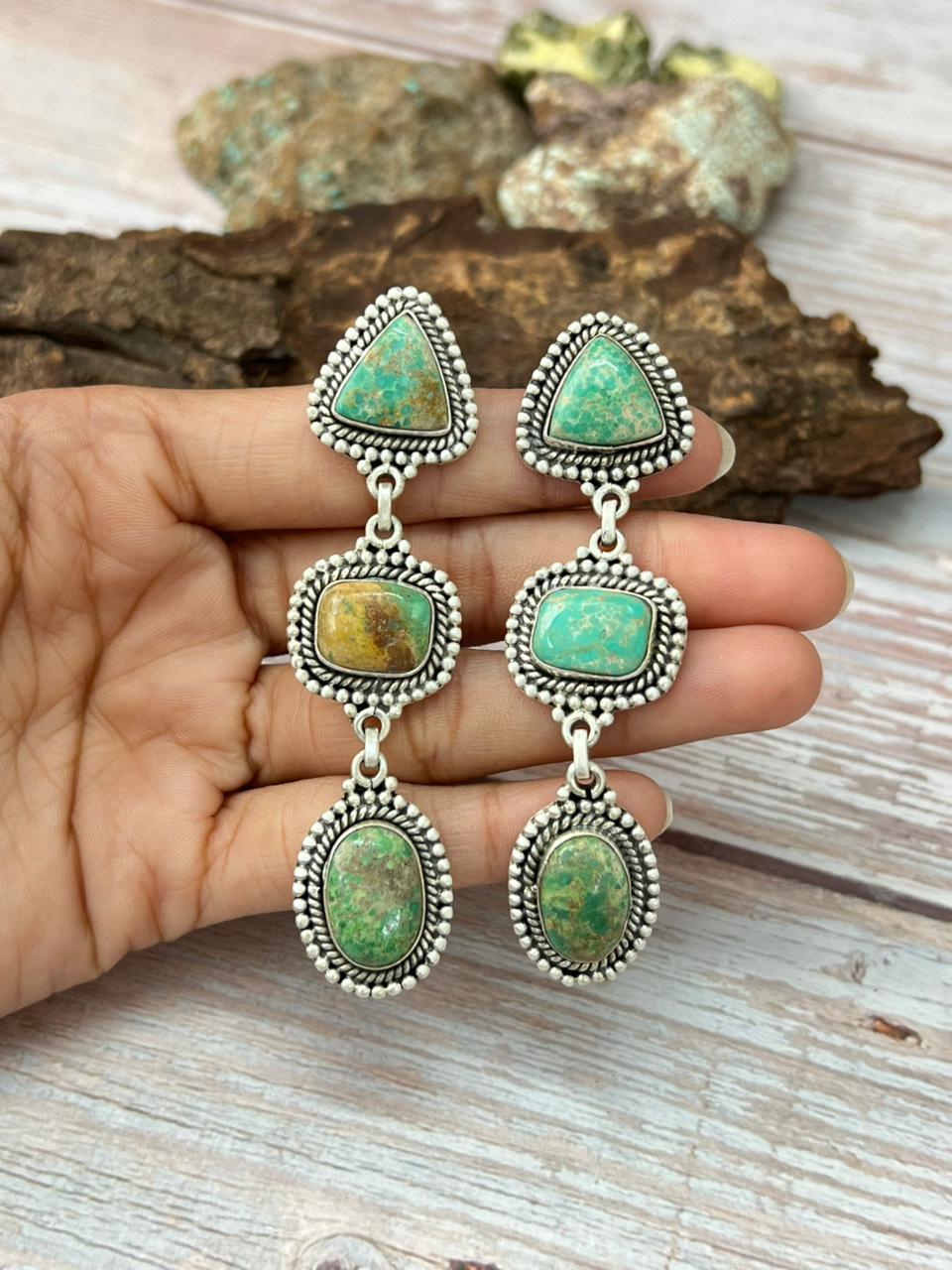 Handmade Sterling Silver Mantis Turquoise Post Dangle Earrings with Signed Nizhoni