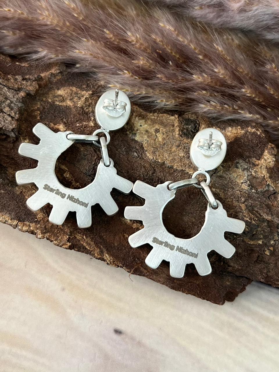 Handmade Sterling Silver Kingman Turquoise Post Dangle Earrings Signed Nizhoni