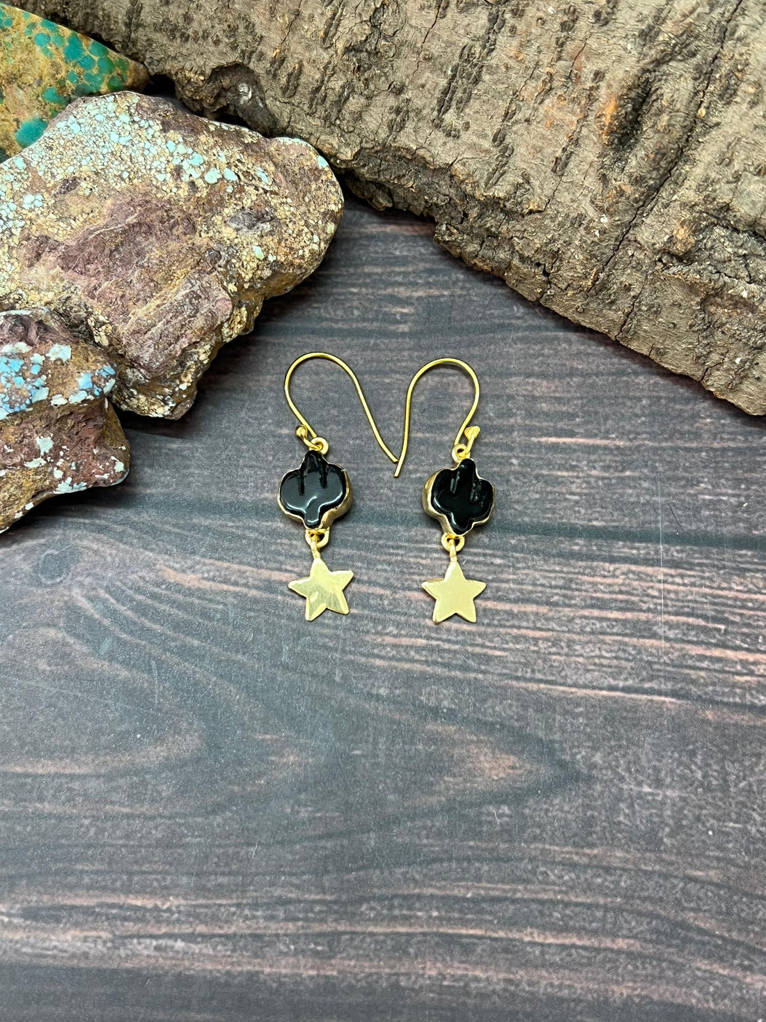 “The Golden Collection” Handmade Natural Black Onyx Cactus Star Hook Dangle Earrings