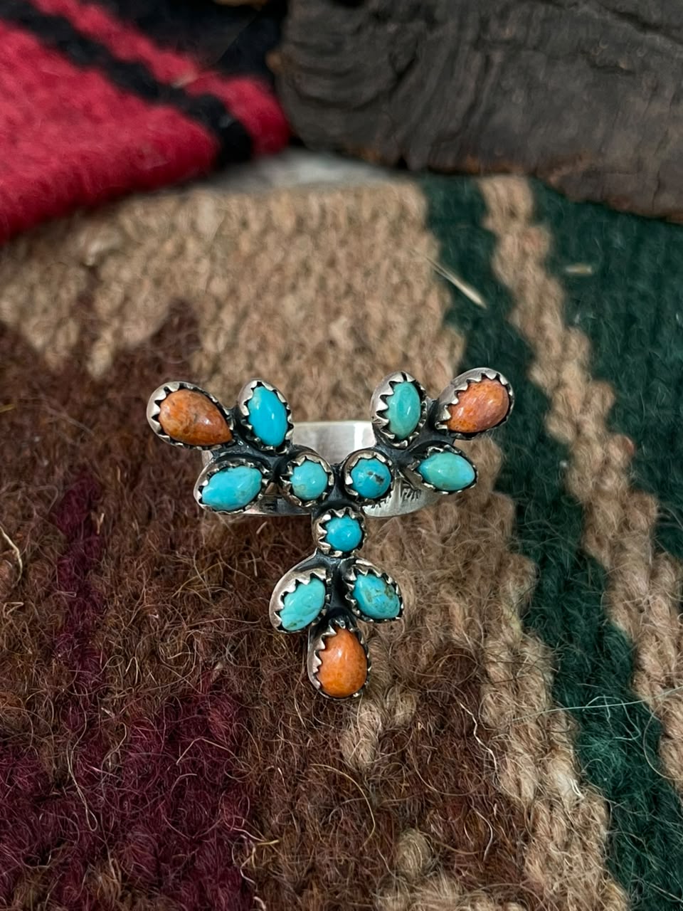 Handmade Sterling Silver Orange Mojave with Kingman Turquoise Adjustable Ring Signed Nizhoni