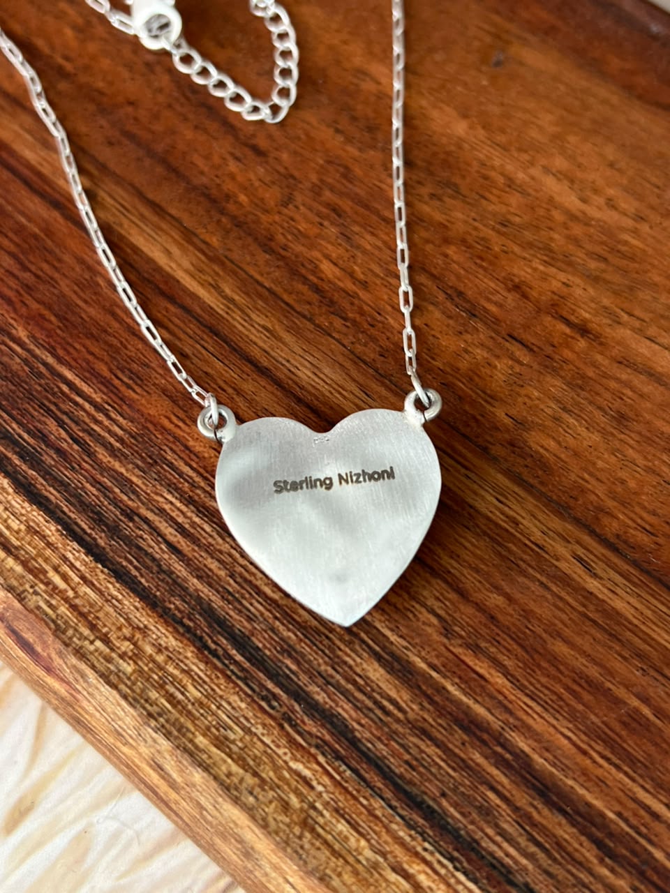 Handmade Sterling Silver Kingman Turquoise Heart Necklace Signed Nizhoni