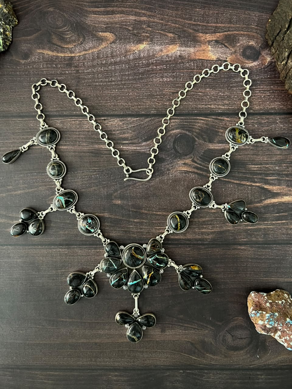 Handmade Sterling Silver Blackjack Turquoise Collection: Necklace Signed Nizhoni