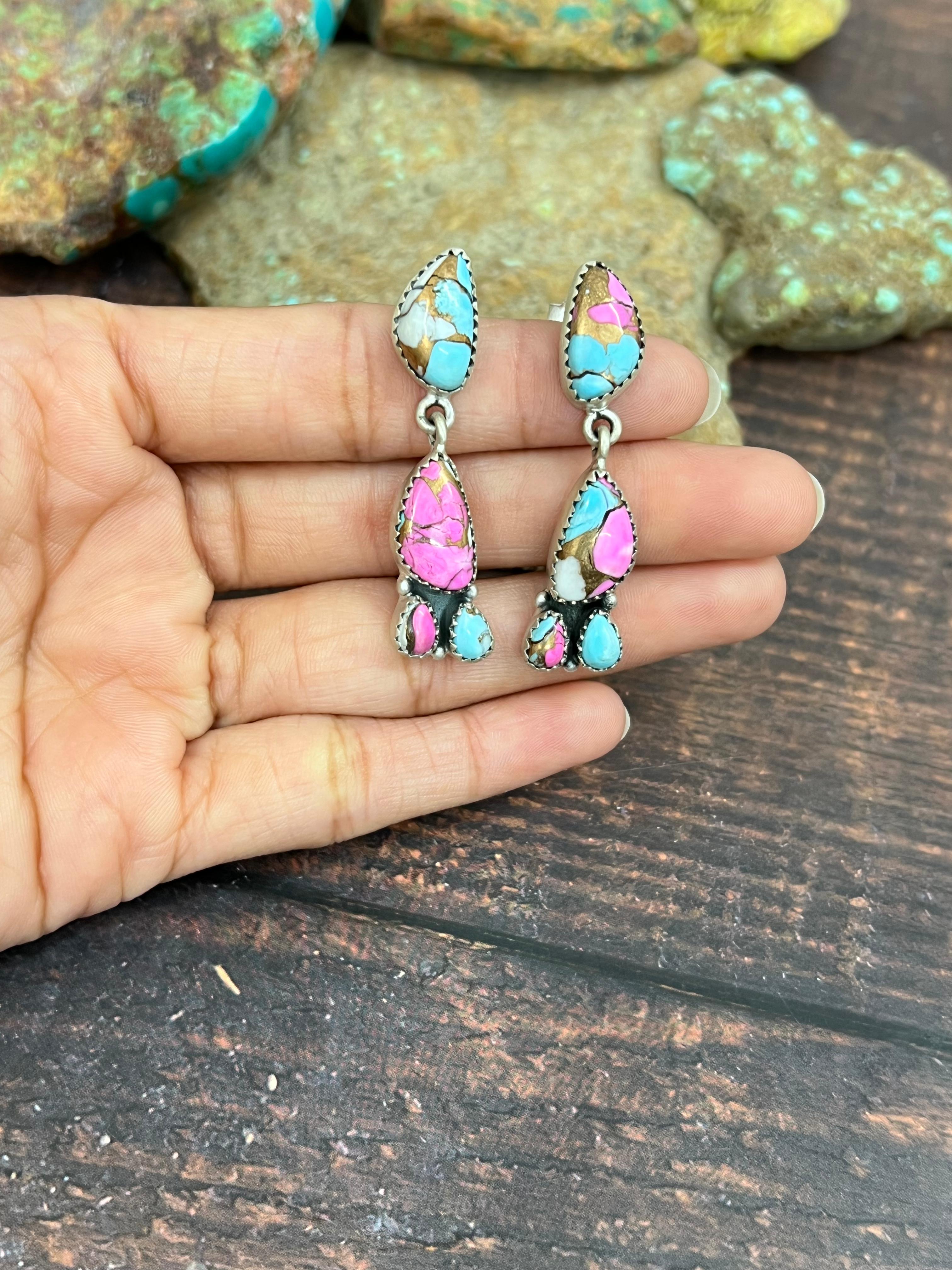 Handmade Sterling Silver Cotton Candy Turquoise Post Earrings with Signed Nizhoni