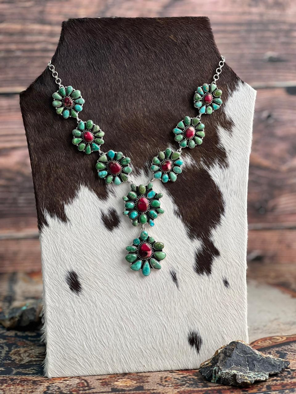 Handmade Sterling Silver Dahlia Rose with Emerald Valley Turquoise Necklace "Signed Nizhoni"