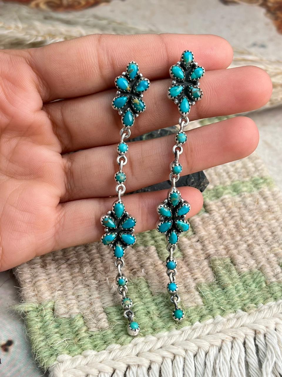 Handmade Sterling Silver Kingman Turquoise Post Dangle Earrings "Signed Nizhoni"
