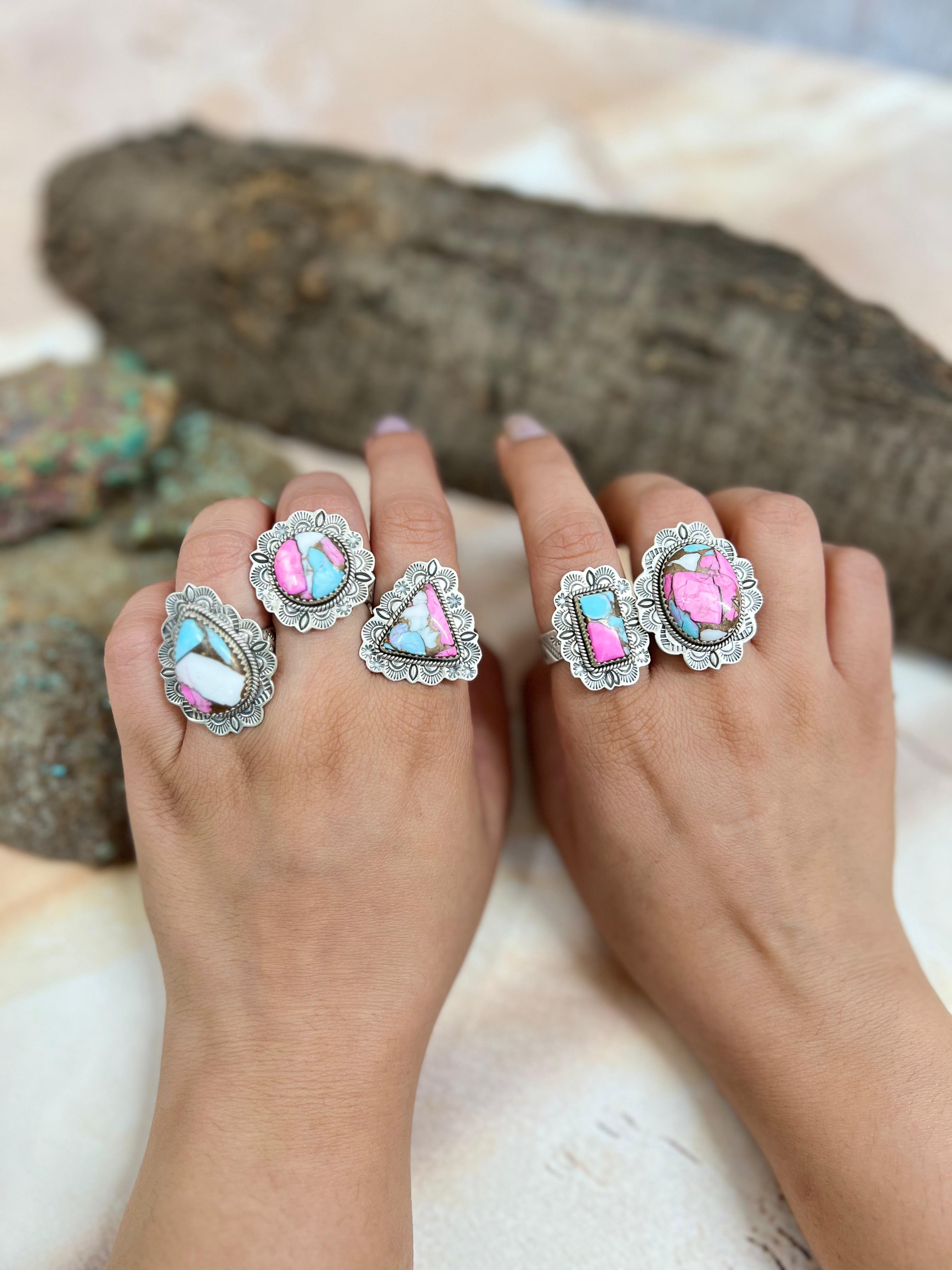 Handmade Sterling Silver Cotton Candy Turquoise Adjustable Ring with Signed Nizhoni