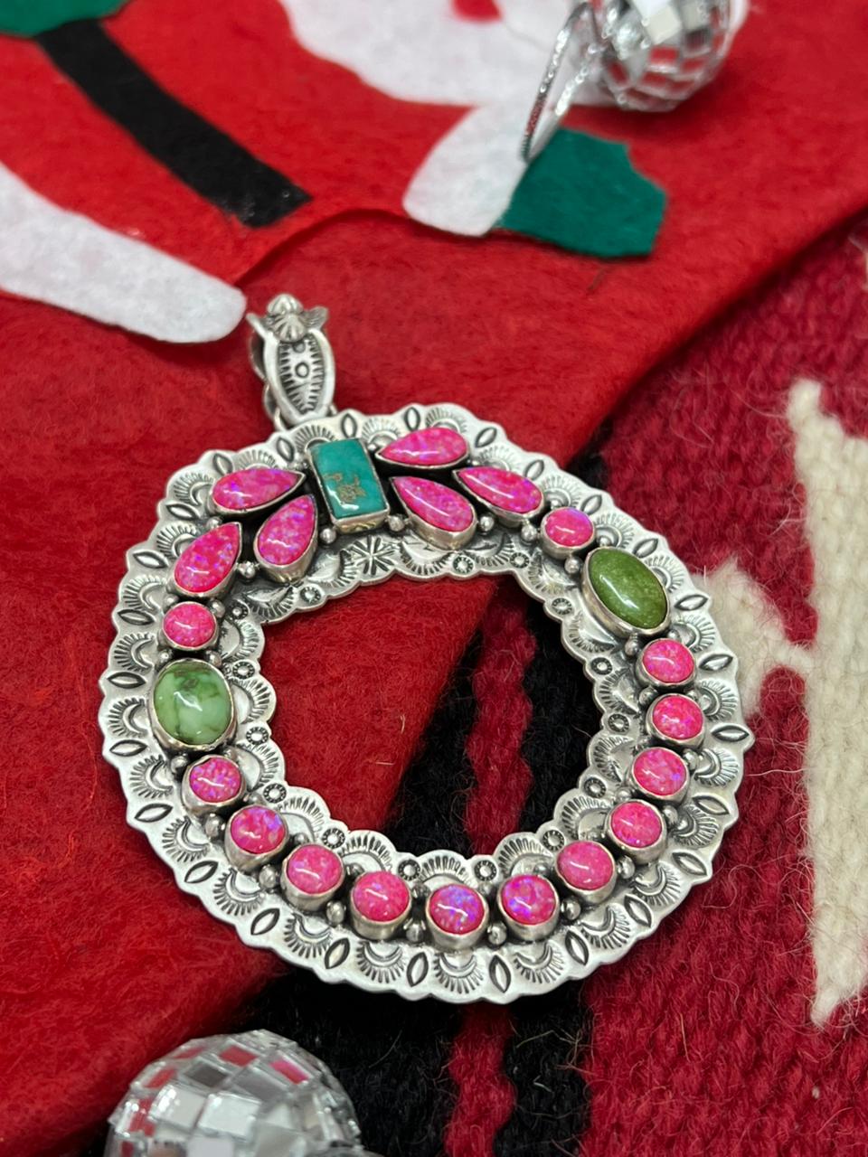 "Christmas Collection" Handmade Sterling Silver Hot Pink with Sonoran Mountain Turquoise Pendant "Signed Nizhoni"