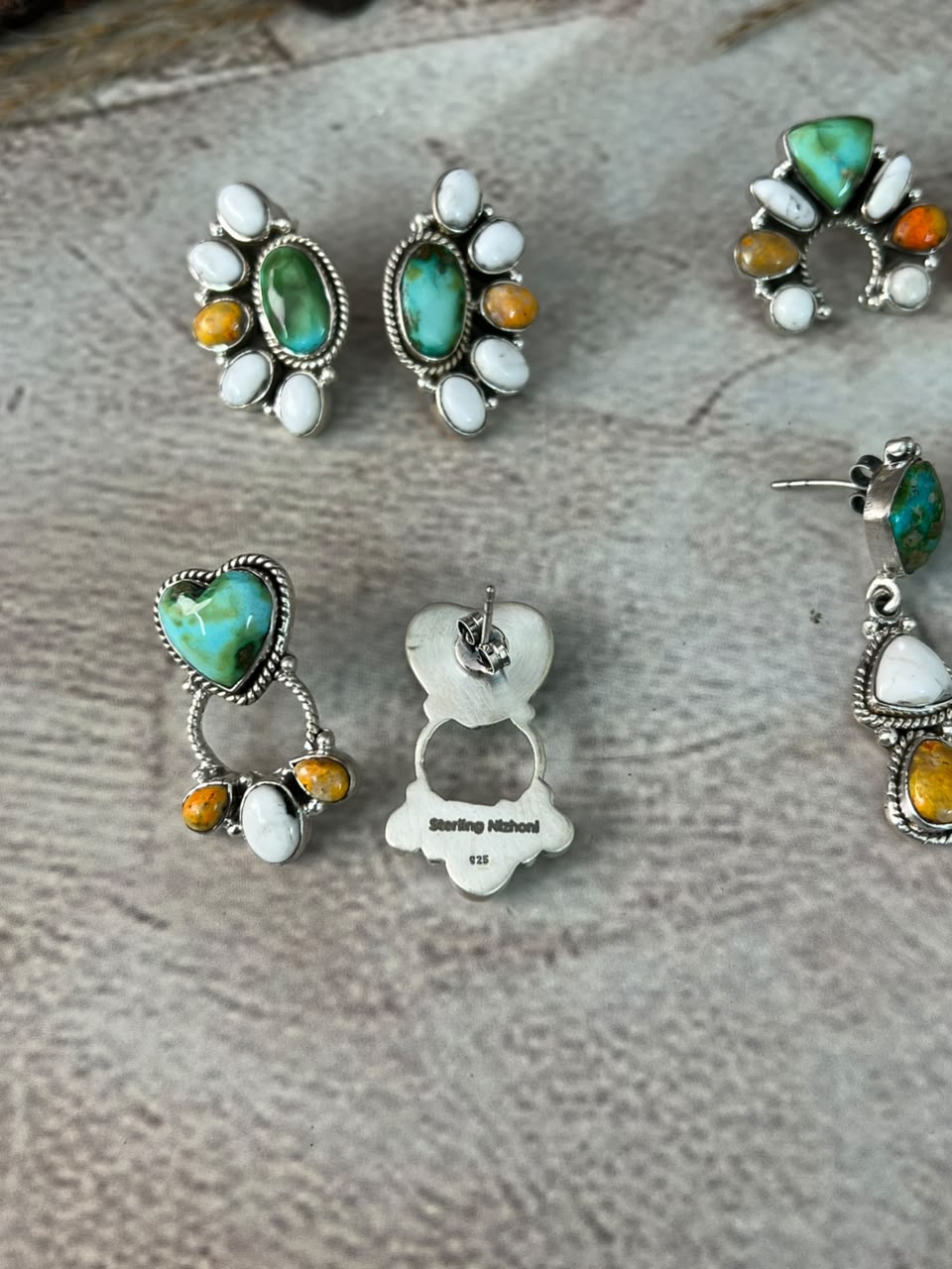 Handmade Sterling Silver Sonoran Mountain Turquoise with Bumblebee and White Buffalo Spring Collection: Post Dangle/Stud Earrings Signed Nizhoni