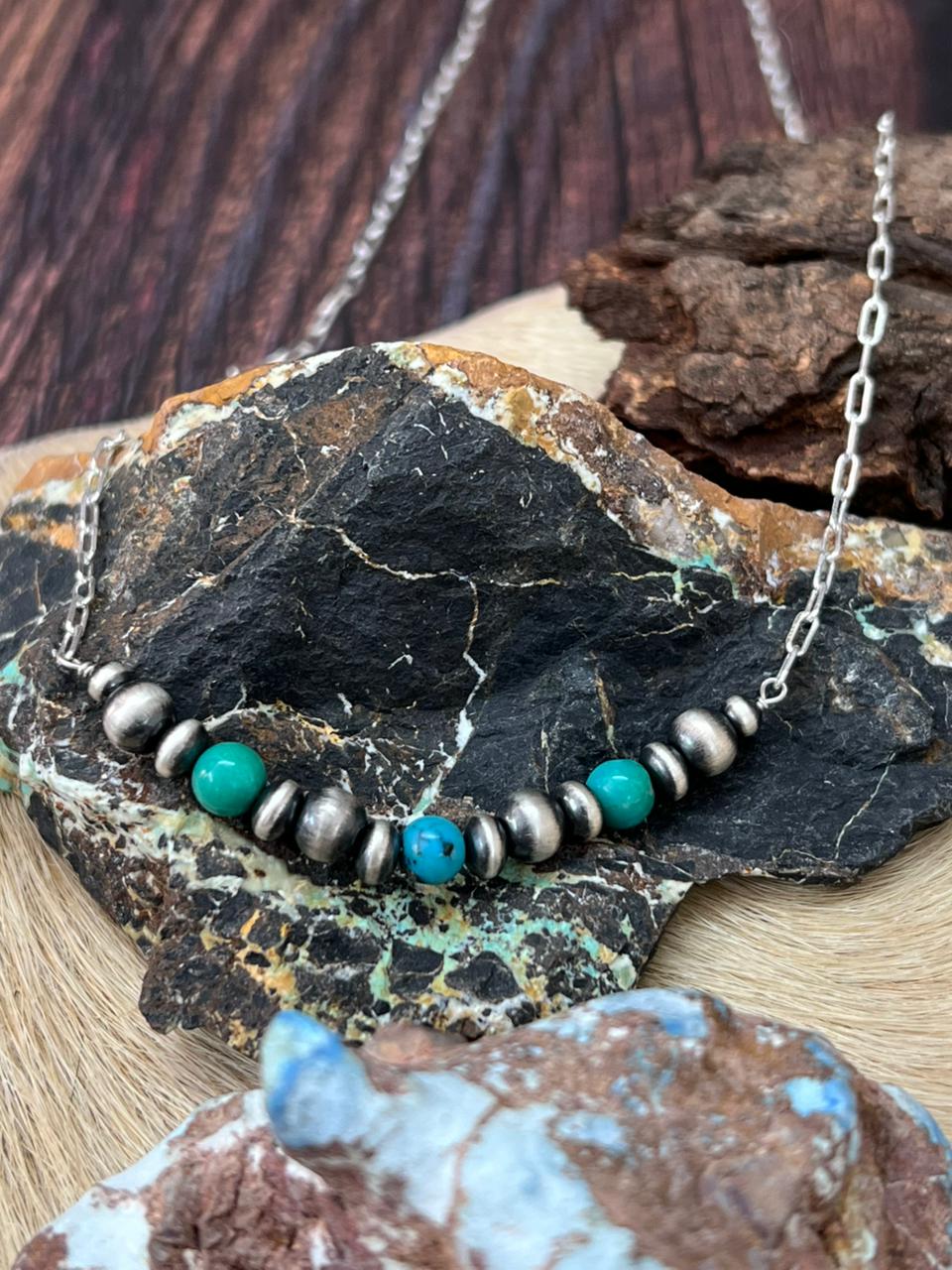 Handmade Sterling Silver Kingman Turquoise Beaded Necklace "Signed Nizhoni"