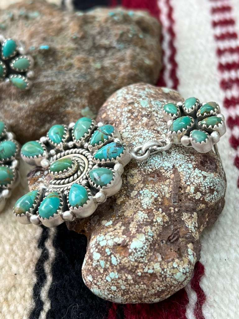 Handmade Sterling Silver Kingman Turquoise Post Dangle Earrings "Signed Nizhoni"