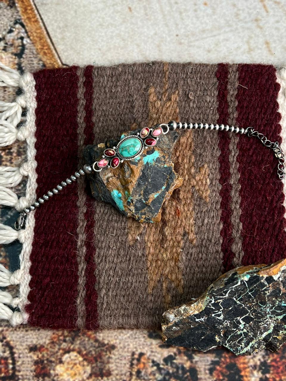 Handmade Sterling Silver Dahlia Rose with Emerald Valley Turquoise Beaded Bracelet "Signed Nizhoni"