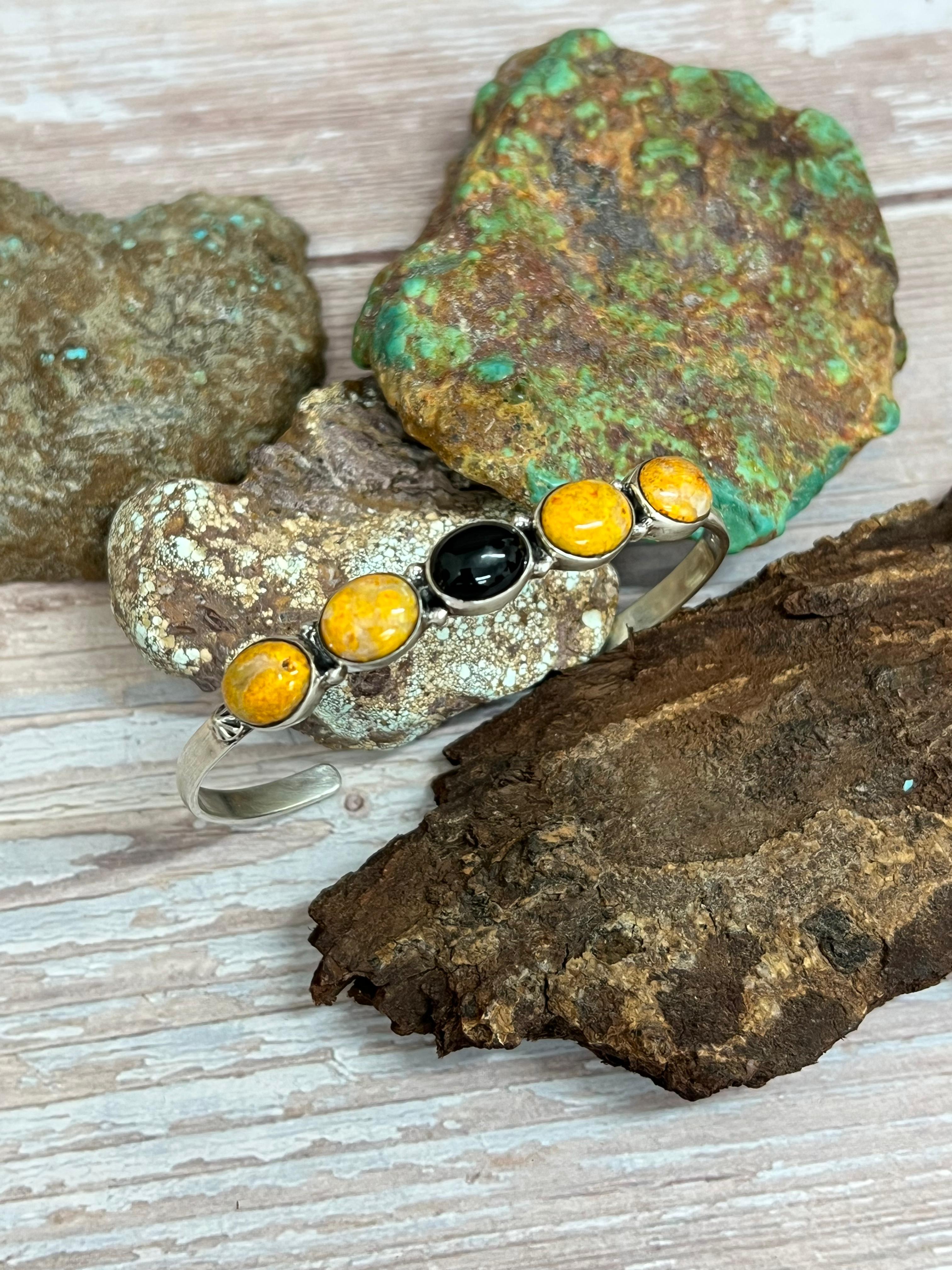 "Halloween Collection" Handmade Sterling Silver Black Onyx, Bumblebee Cuff Bracelet with Signed Nizhoni