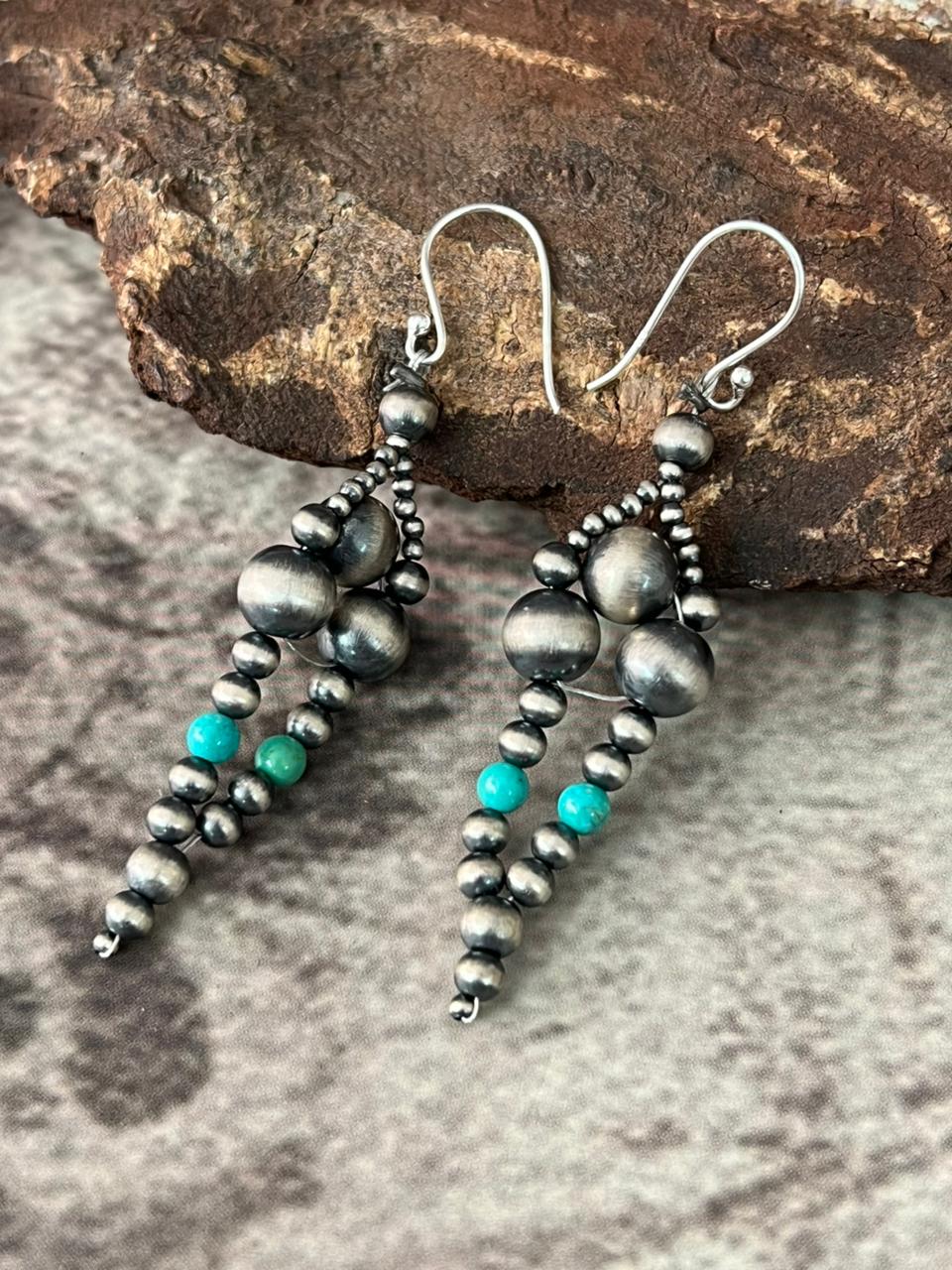 Handmade Sterling Silver Kingman Turquoise Hook Dangle Beaded Earrings