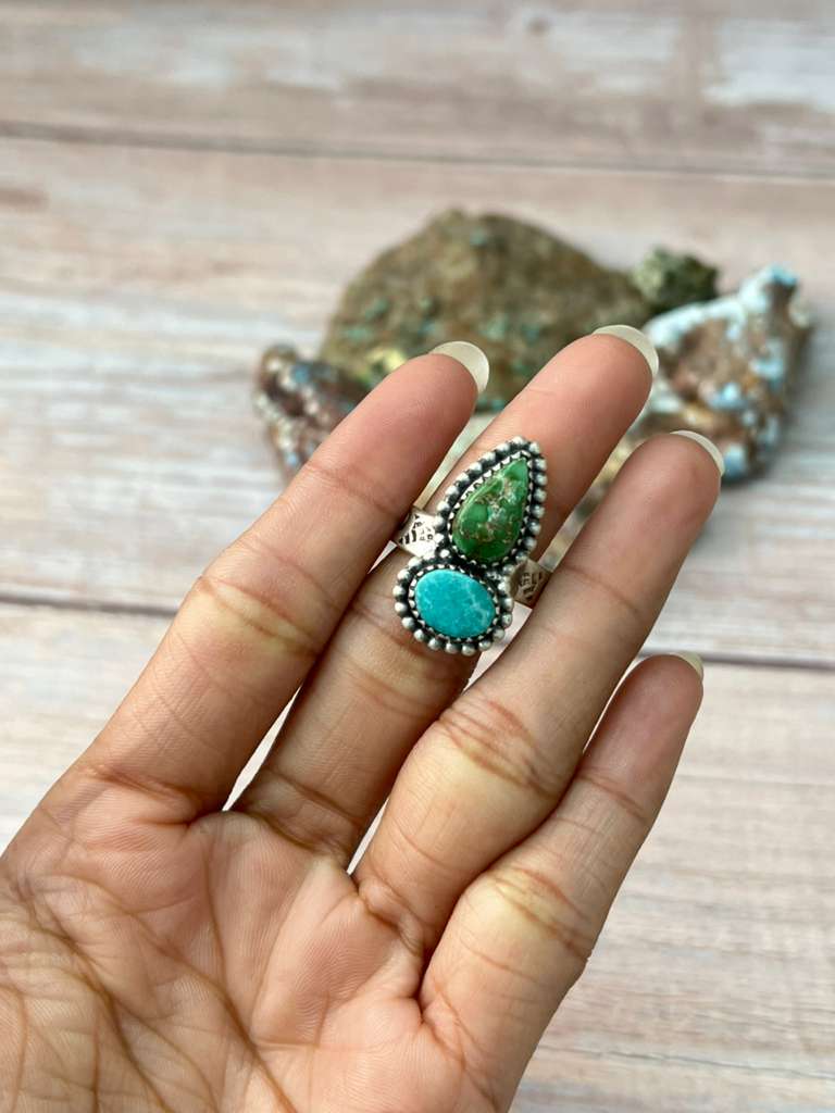 Handmade Sterling Silver Sonoran Mountain Turquoise with White Water Adjustable Ring "Signed Nizhoni"