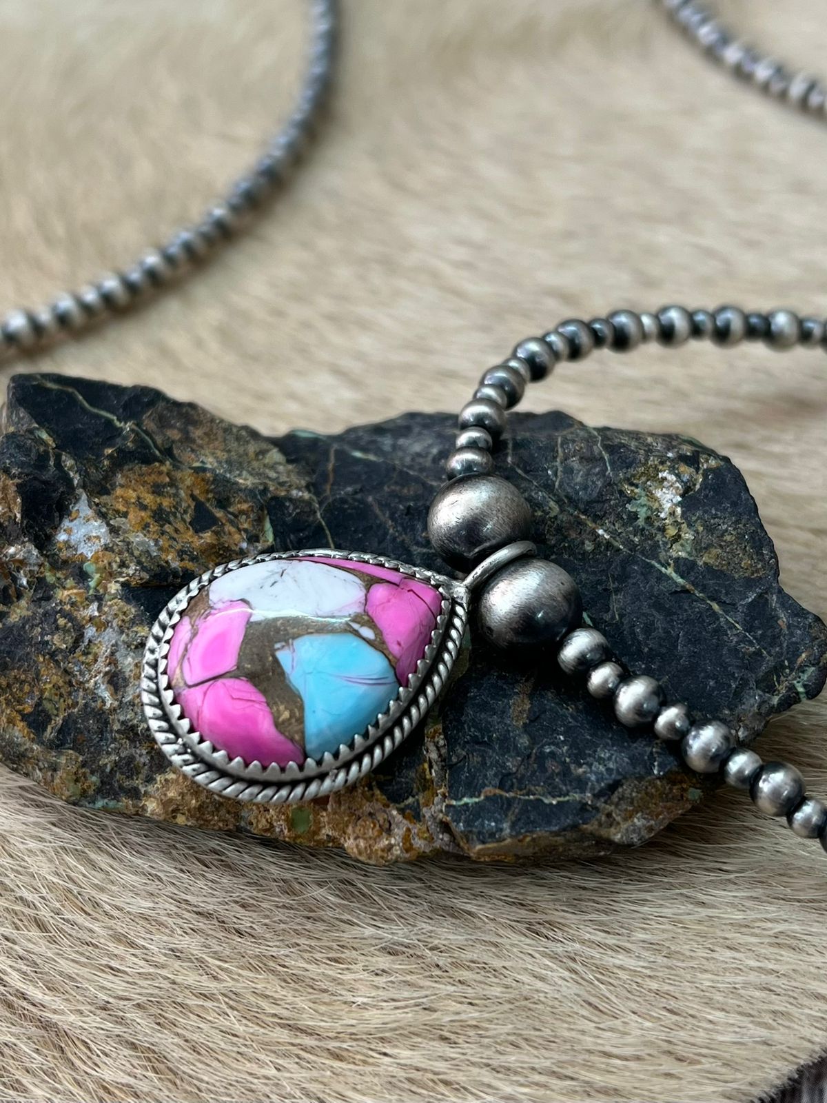 Handmade Sterling Silver Cotton Candy Beaded Necklace "Signed Nizhoni"