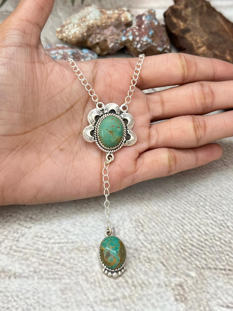 Handmade Sterling Silver Old Stock Royston Turquoise Necklace with Signed Nizhoni