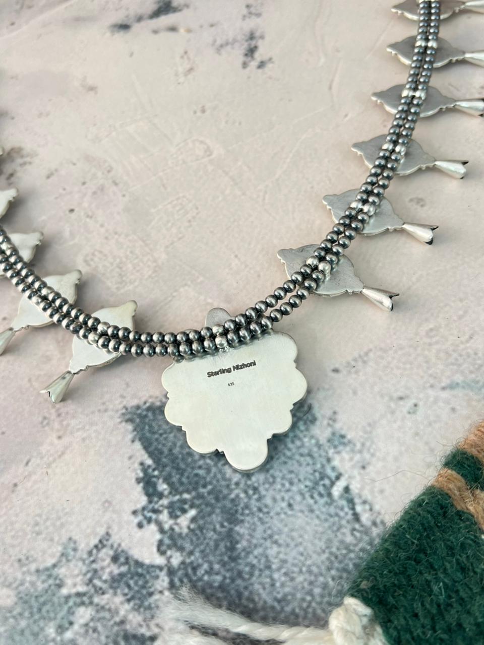 Handmade Sterling Silver Sierra Bella Turquoise Beaded Squash Blossom Necklace Signed Nizhoni