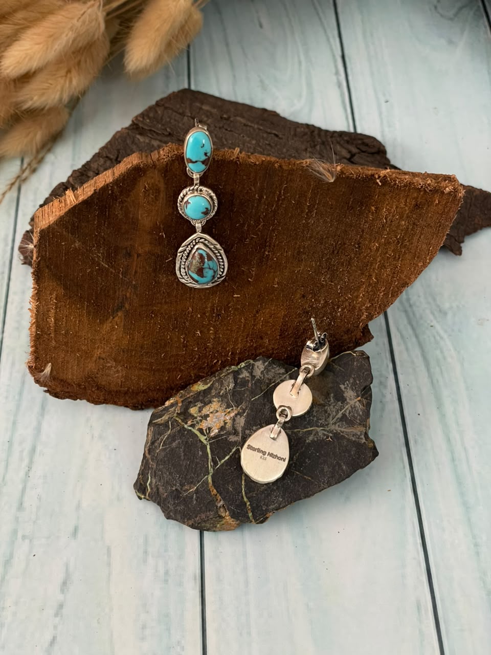 Handmade Sterling Silver Egyptian Turquoise Collection: Post Dangle Earrings Signed Nizhoni