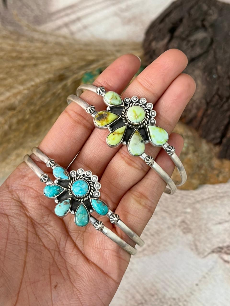 Handmade Sterling Silver Palomino and White Water Turquoise Bracelet "Signed Nizhoni"