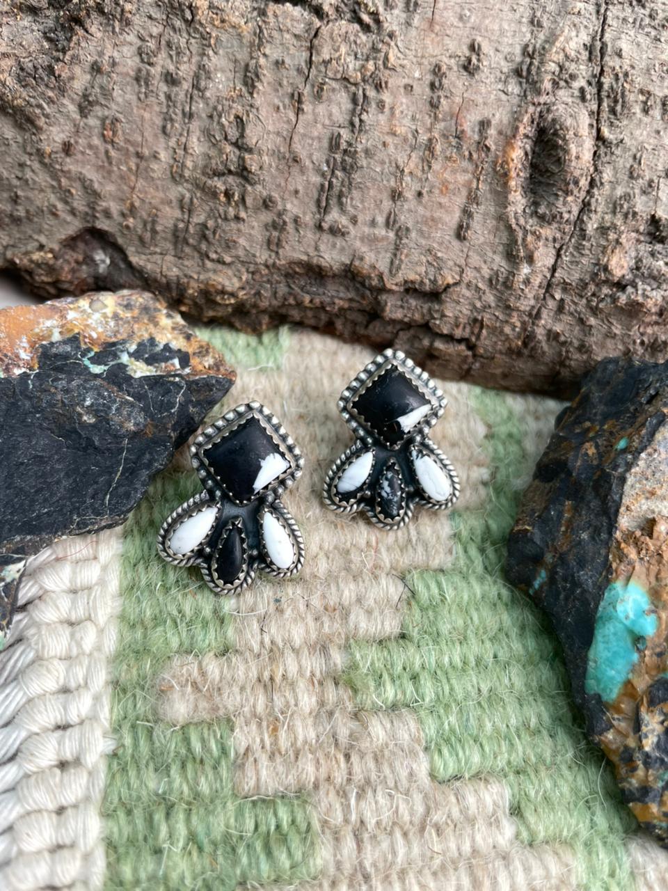 Handmade Sterling Silver White Buffalo Post Studs Earrings "Signed Nizhoni"