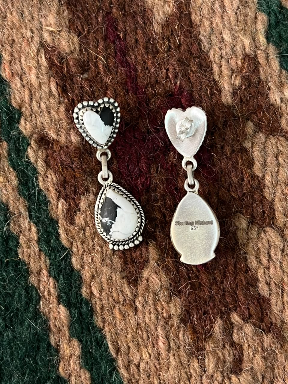 Handmade Sterling Silver White Buffalo Post Dangle Earrings Signed Nizhoni