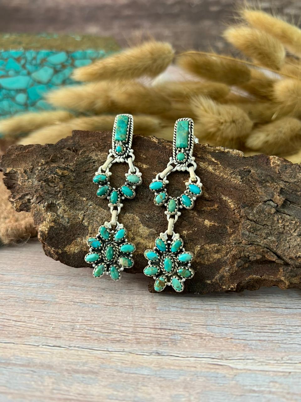 Handmade Sterling Silver Kingman Turquoise Post Dangle Earrings "Signed Nizhoni"