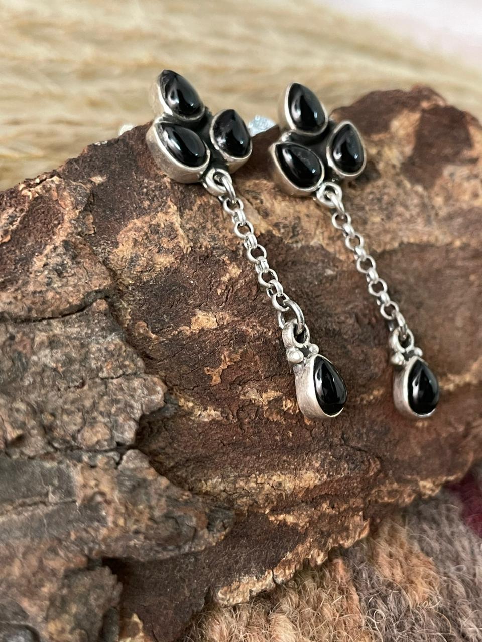 Handmade Sterling Silver Black Onyx Post Dangle Earrings "Signed Nizhoni"
