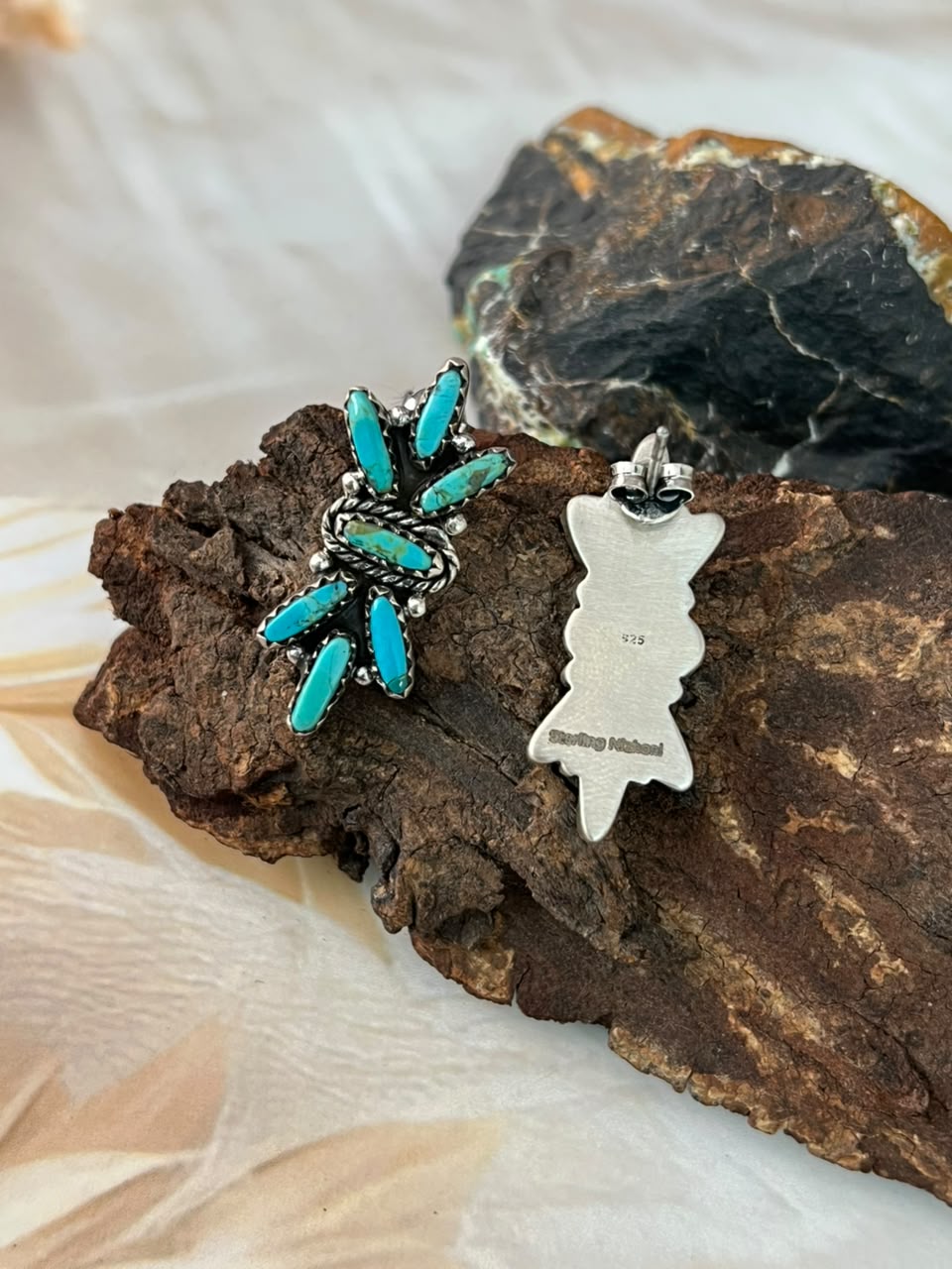 Handmade Sterling Silver Kingman Turquoise Post Studs Earrings Signed Nizhoni (5)