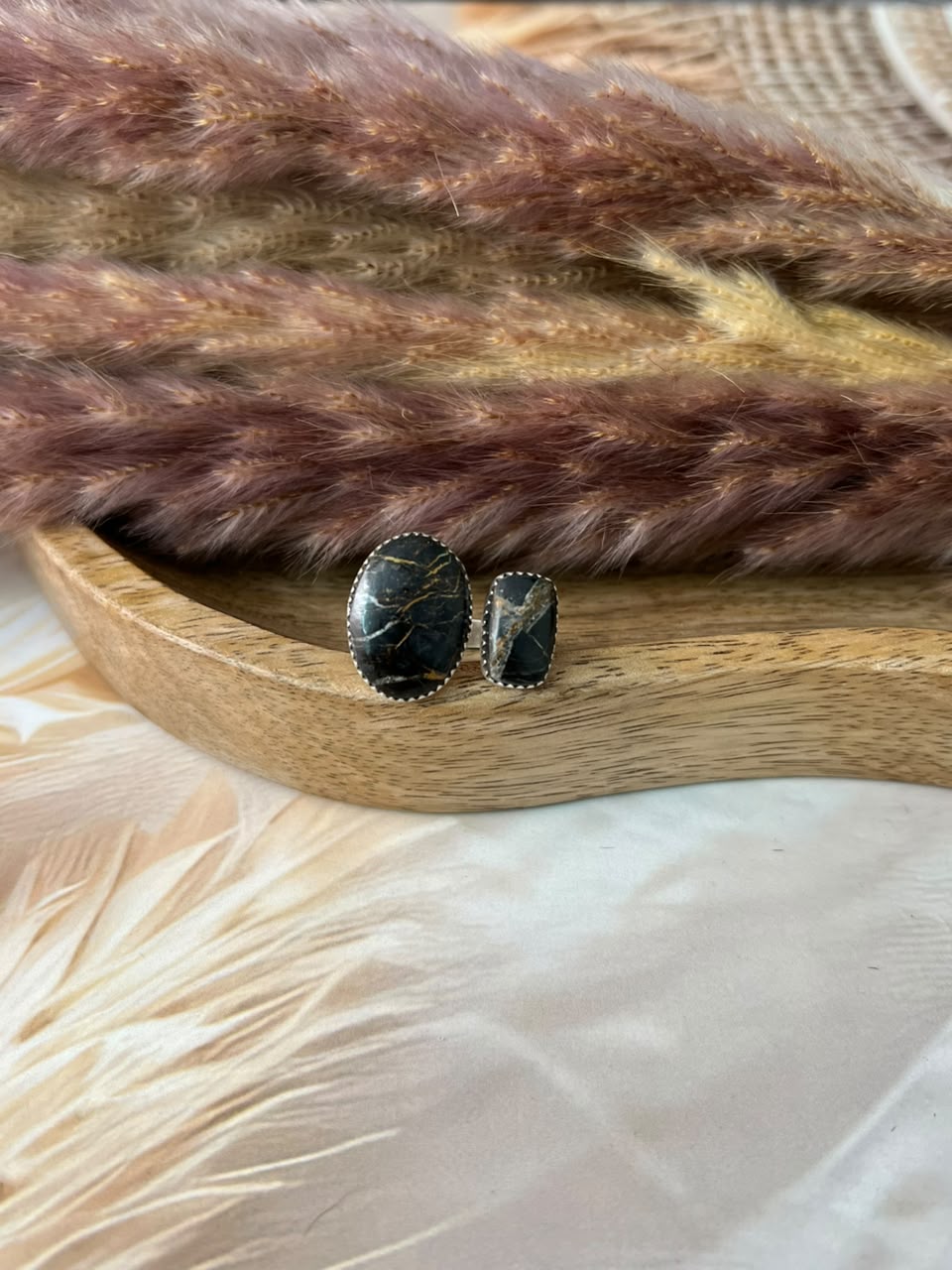 Handmade Sterling Silver Blackjack Turquoise Collection: Adjustable Ring Signed Nizhoni