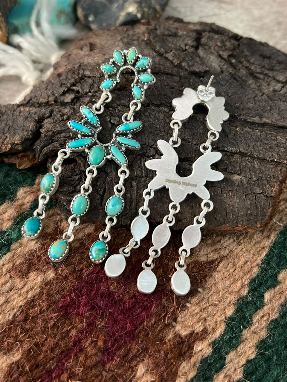 Handmade Sterling Silver Kingman Turquoise Post Dangle Earrings Signed Nizhoni