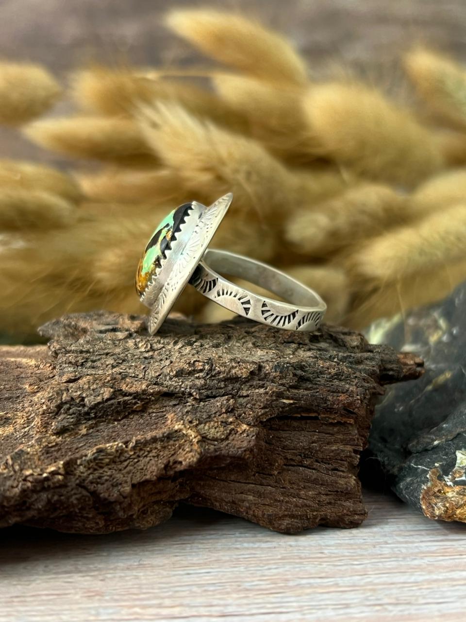 Handmade Sterling Silver Blackjack Turquoise Adjustable Ring "Signed Nizhoni"