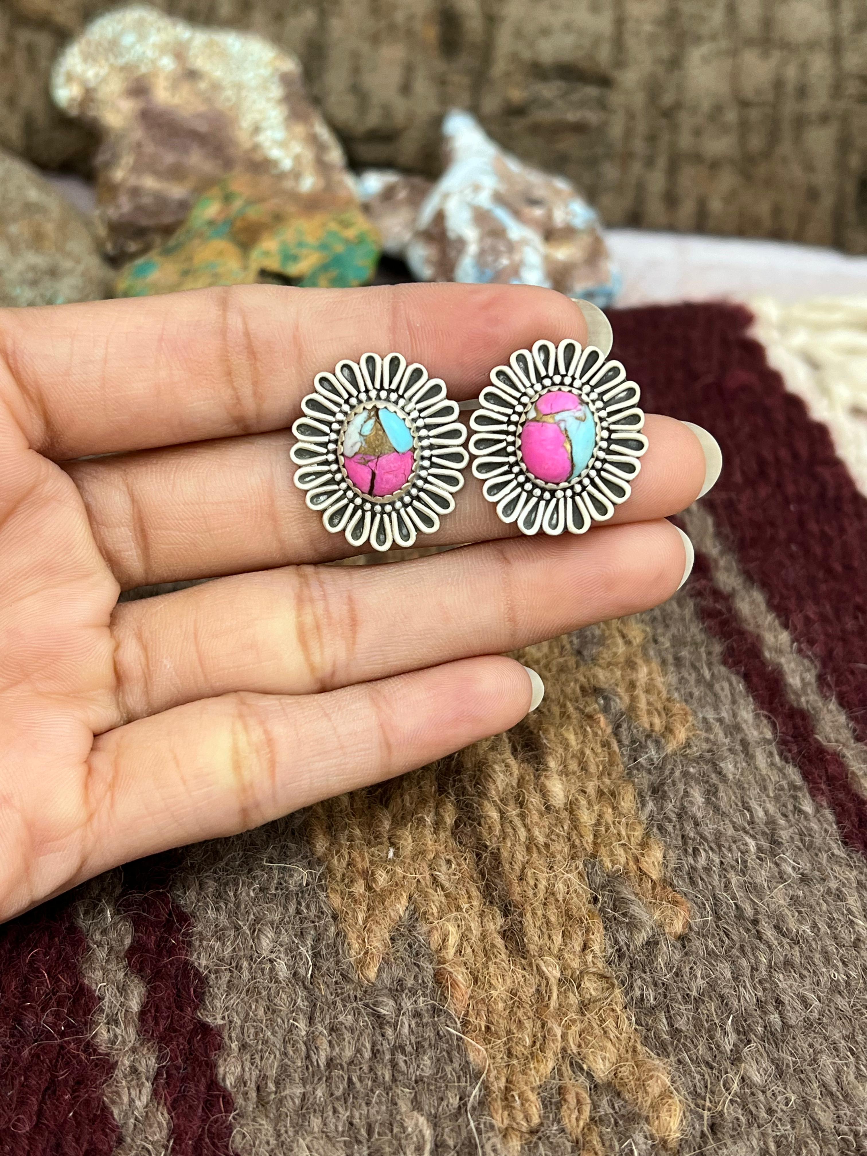 Handmade Sterling Silver Cotton Candy Turquoise Flower Studs with Signed Nizhoni