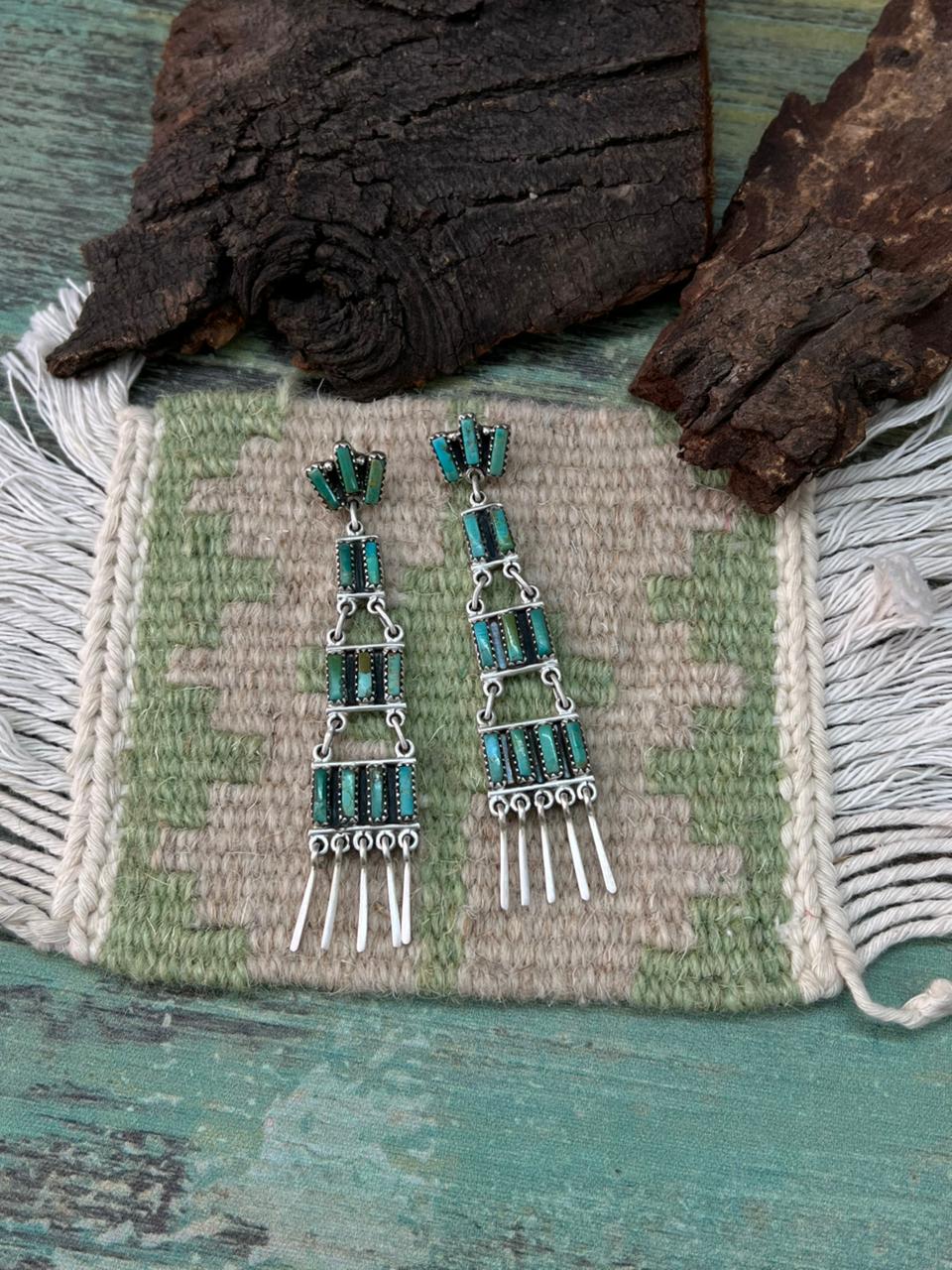 Handmade Sterling Silver Kingman Turquoise Post Dangle Earrings "Signed Nizhoni"