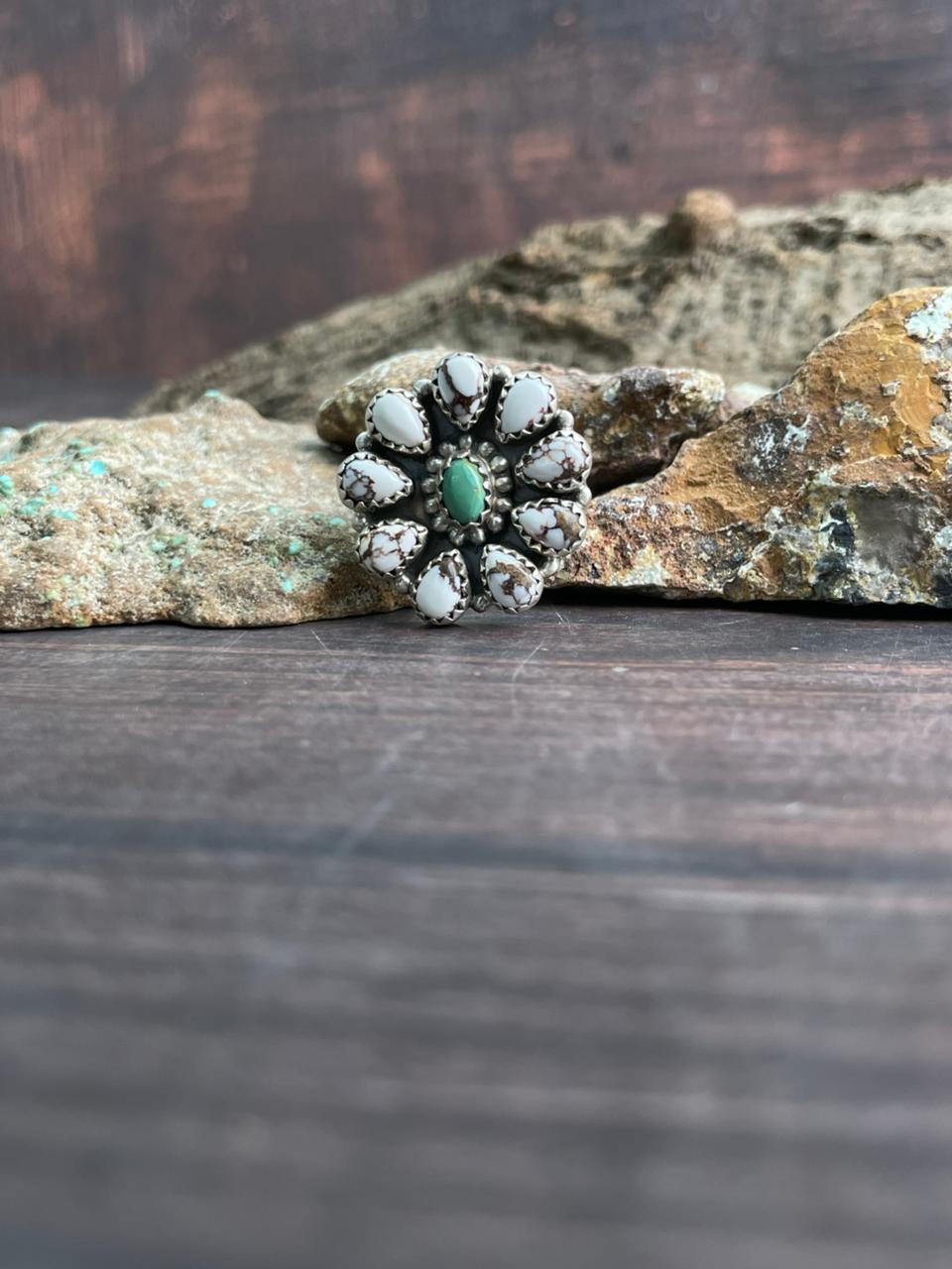Handmade Sterling Silver Kingman with Wildhorse Magnesite Adjustable Ring "Signed Nizhoni"