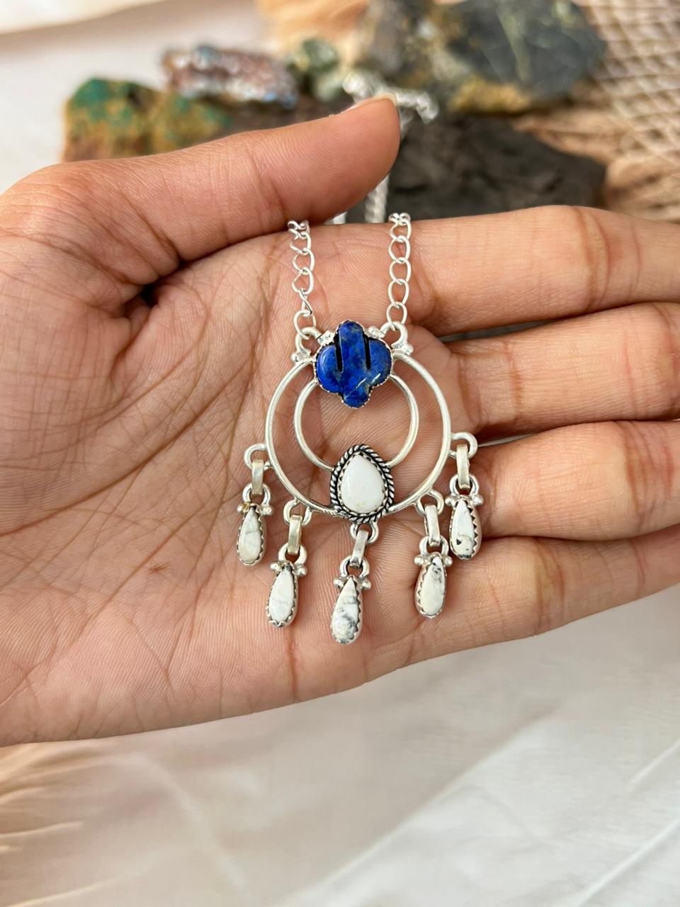 Handmade Sterling Silver White Buffalo with Lapis Necklace "Signed Nizhoni"