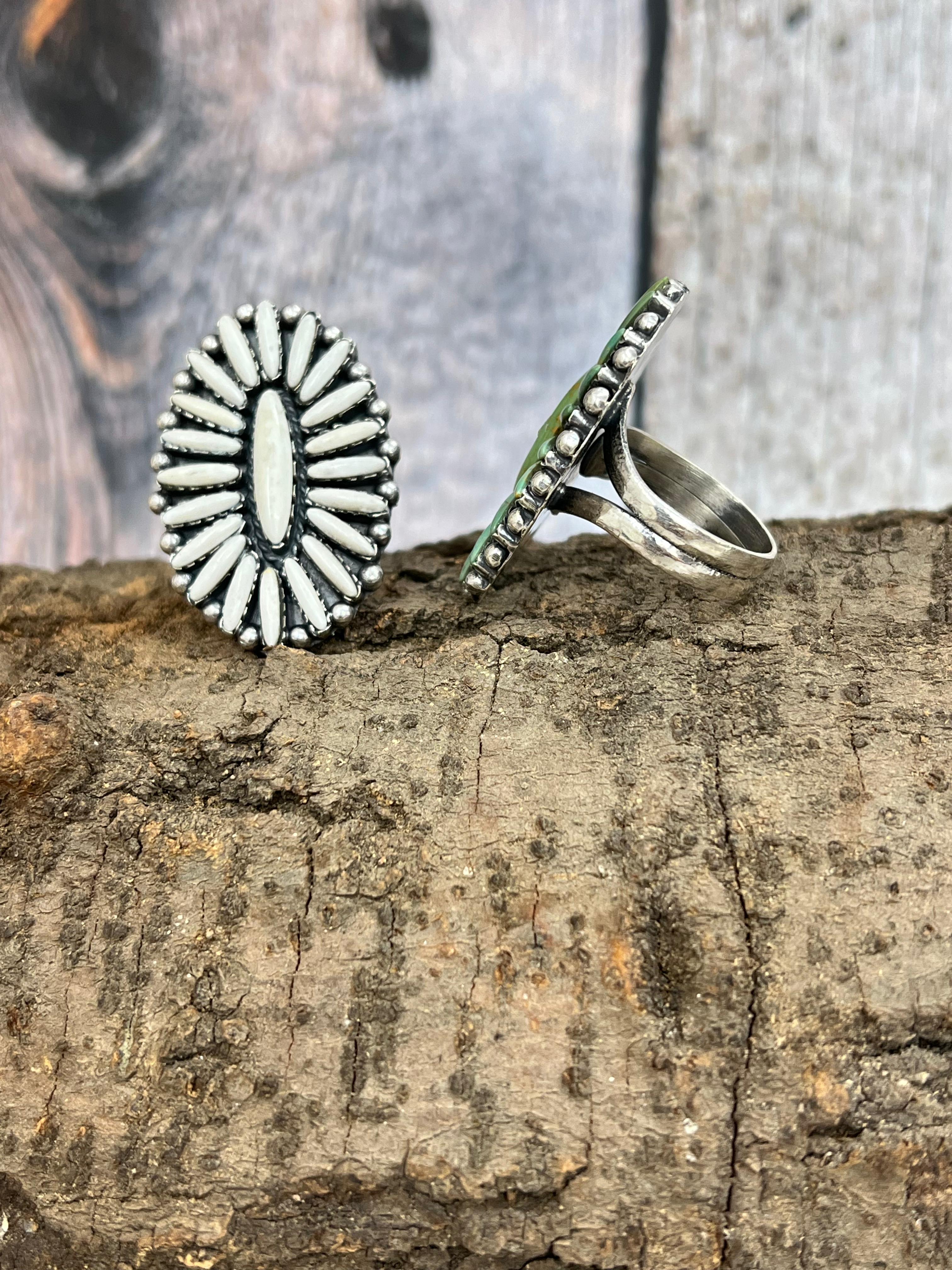 Handmade Sterling Silver White Buffalo, Kingman Turquoise Adjustable Ring, Signed Nizhon