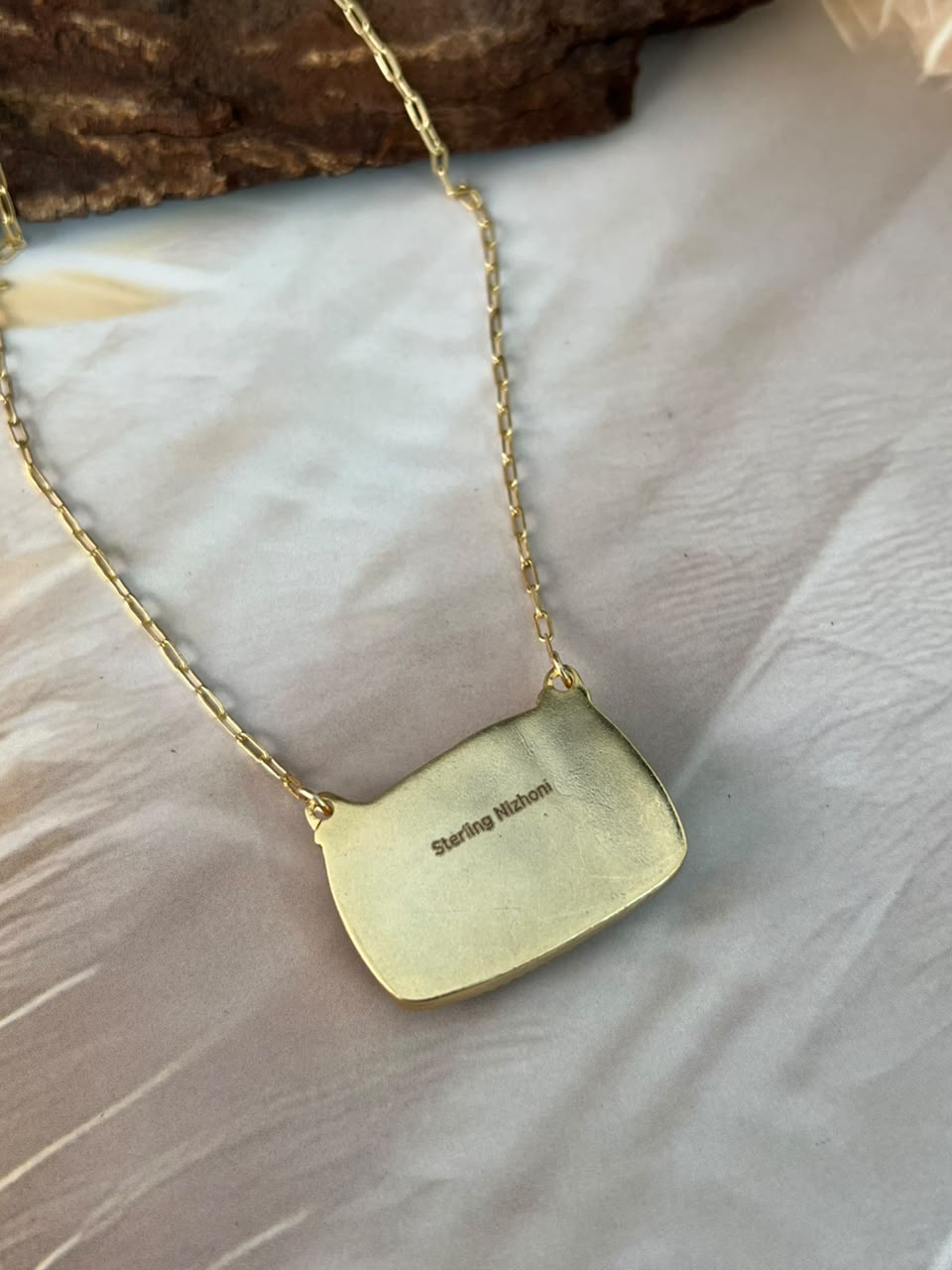 “The Golden Collection” Handmade Sterling Silver Gold Over Silver Ribbon Royston Turquoise Bar Necklace Signed Nizhoni