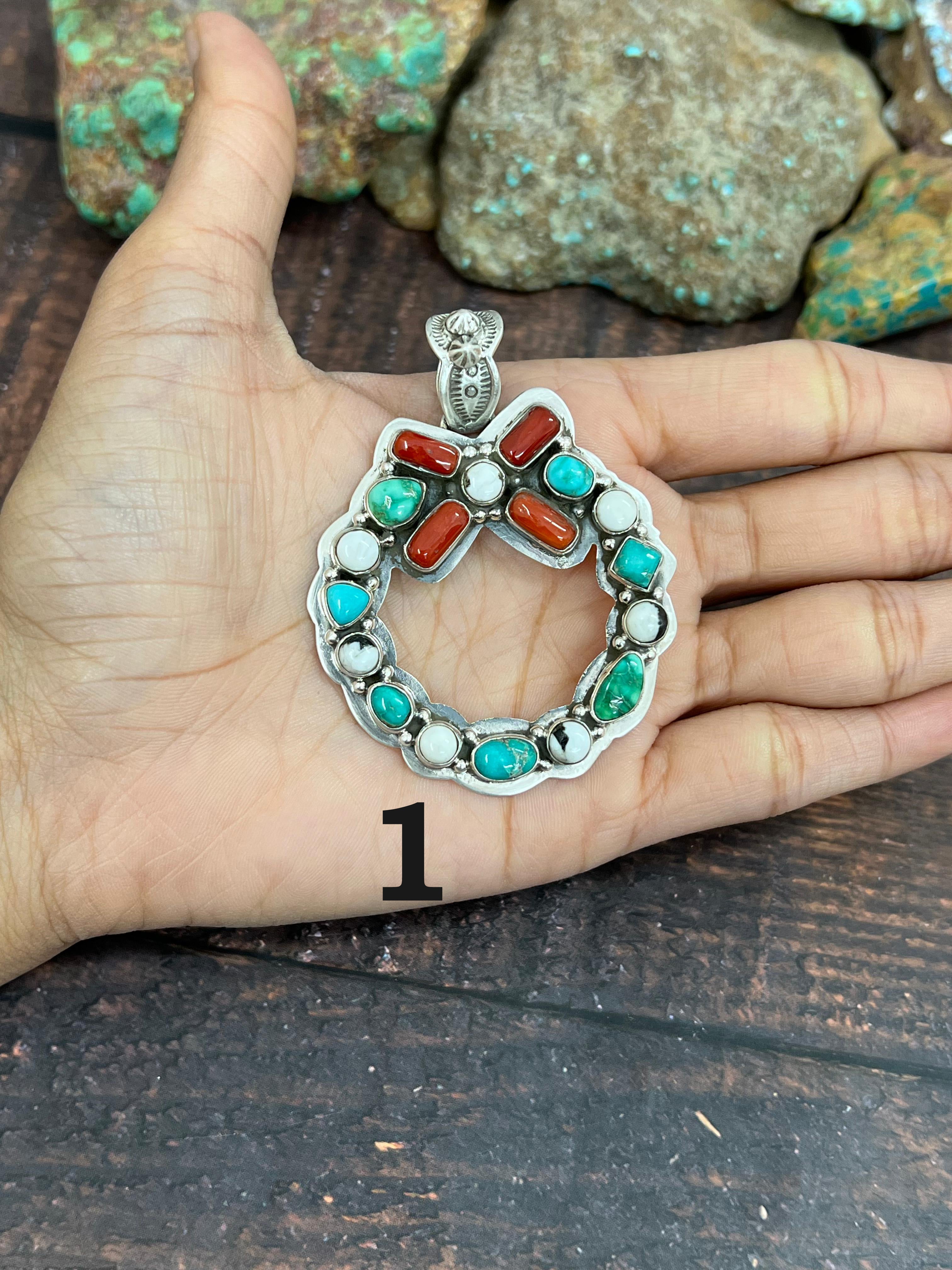 Handmade Sterling Silver Multi Stones Pendant, Signed Nizhoni