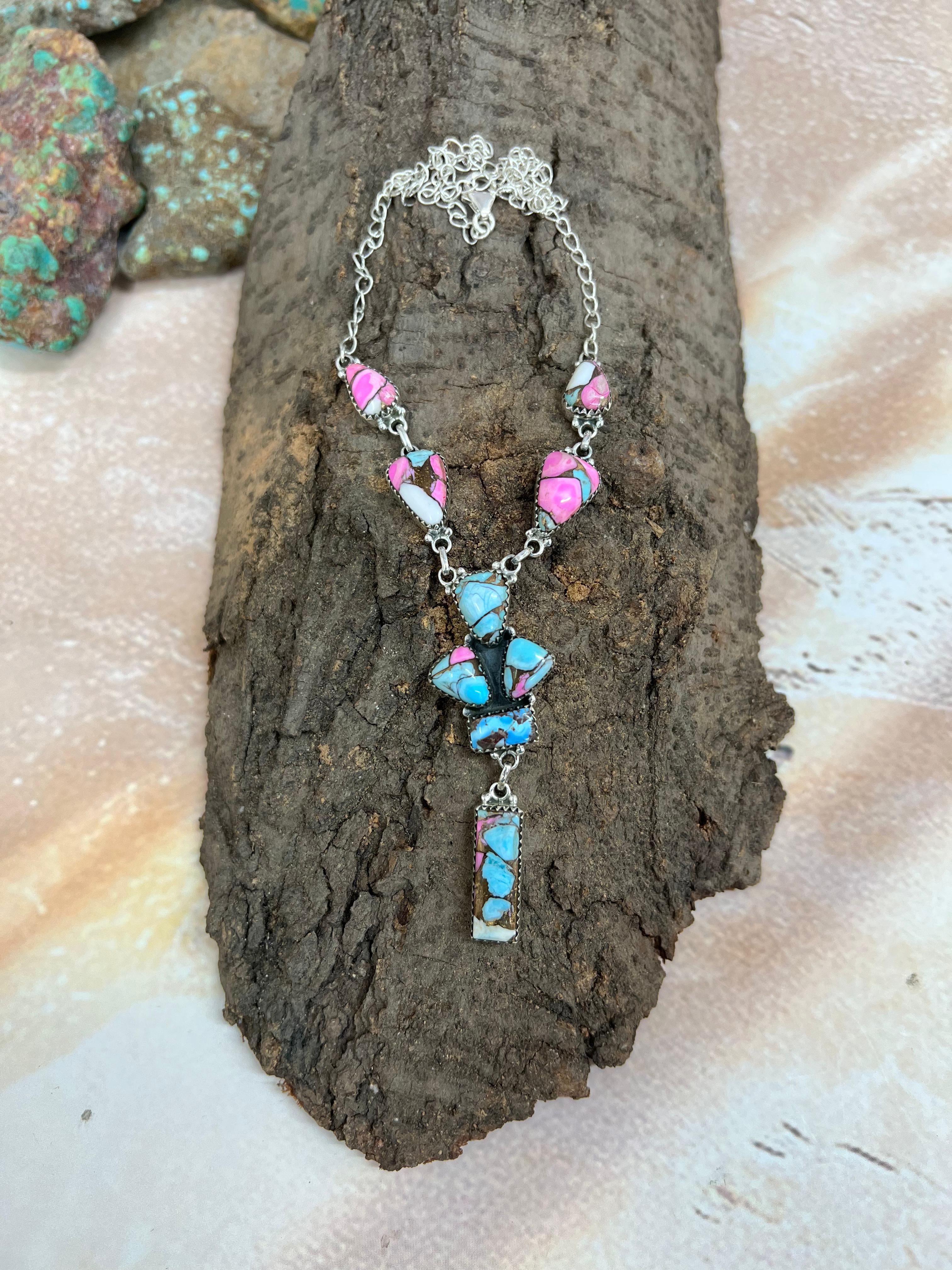 Handmade Sterling Silver Cotton Candy Turquoise Necklace with Signed Nizhoni