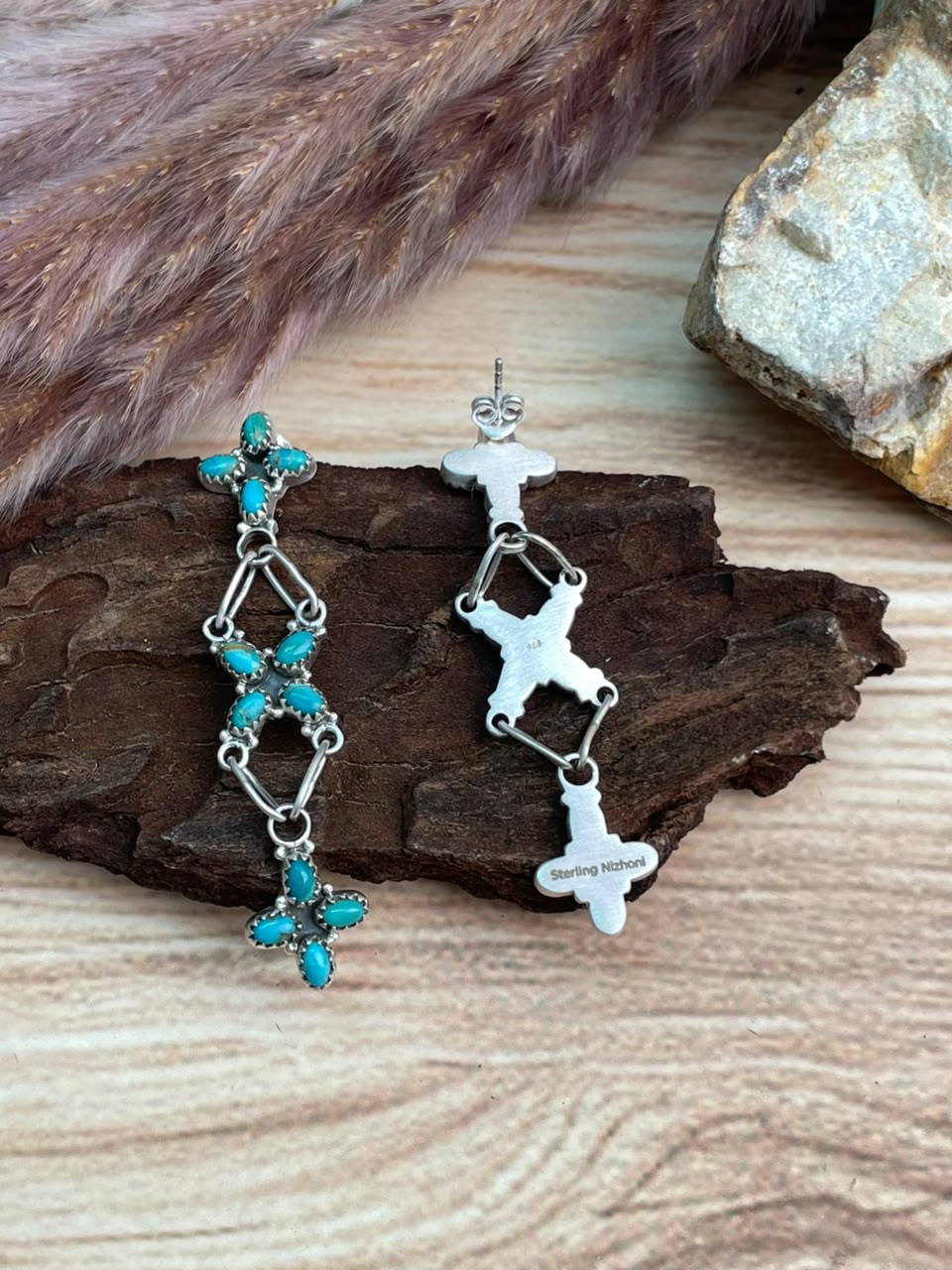 Handmade Sterling Silver Kingman Turquoise Post Dangle Earrings Signed Nizhoni