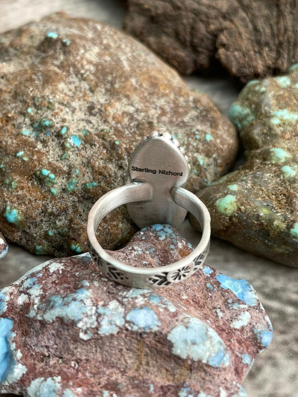 Handmade Sterling Silver White Water Turquoise Adjustable Ring with Signed Nizhoni