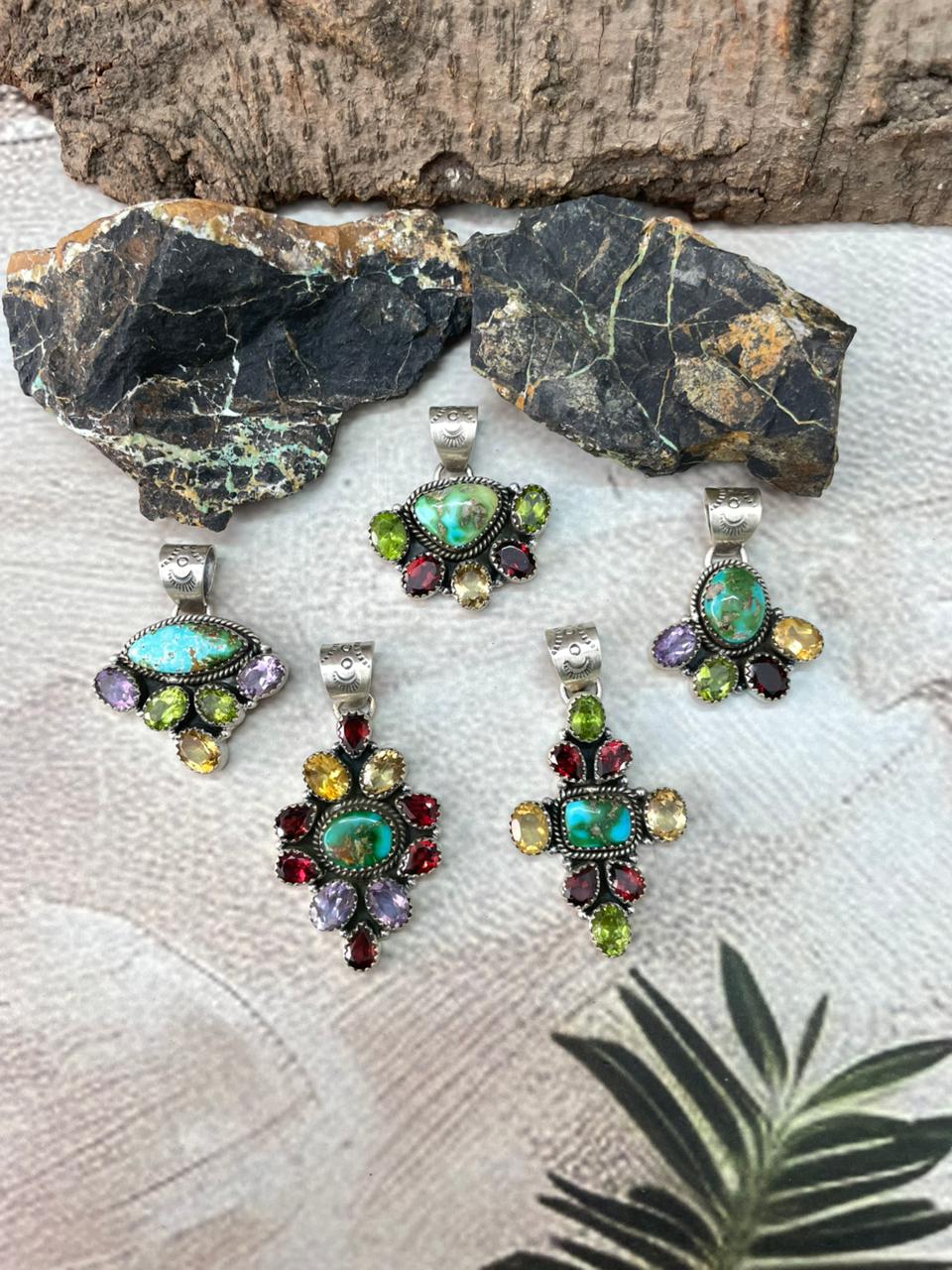 Handmade Sterling Silver Sonoran with Cut Stones Pendant "Signed Nizhoni"