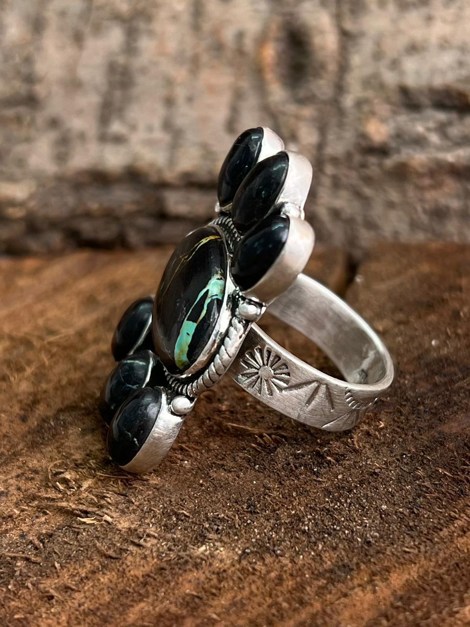 Handmade Sterling Silver Blackjack Turquoise Adjustable Ring "Signed Nizhoni"