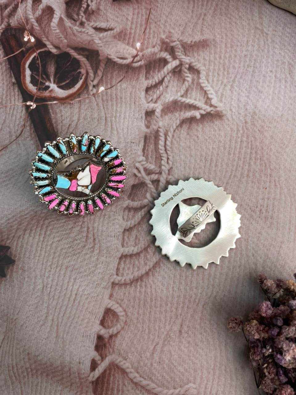 Handmade Sterling Silver Cotton Candy and Kingman Turquoise Halloween Collection: Adjustable Ring Signed Nizhoni